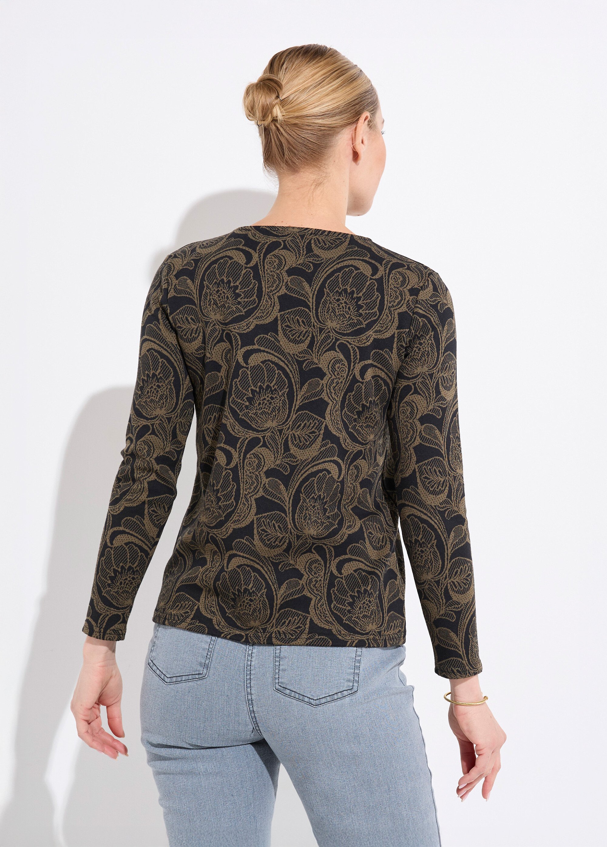 T-shirt jacquard fleuri col rond Femme Noir CEZARIA DO1