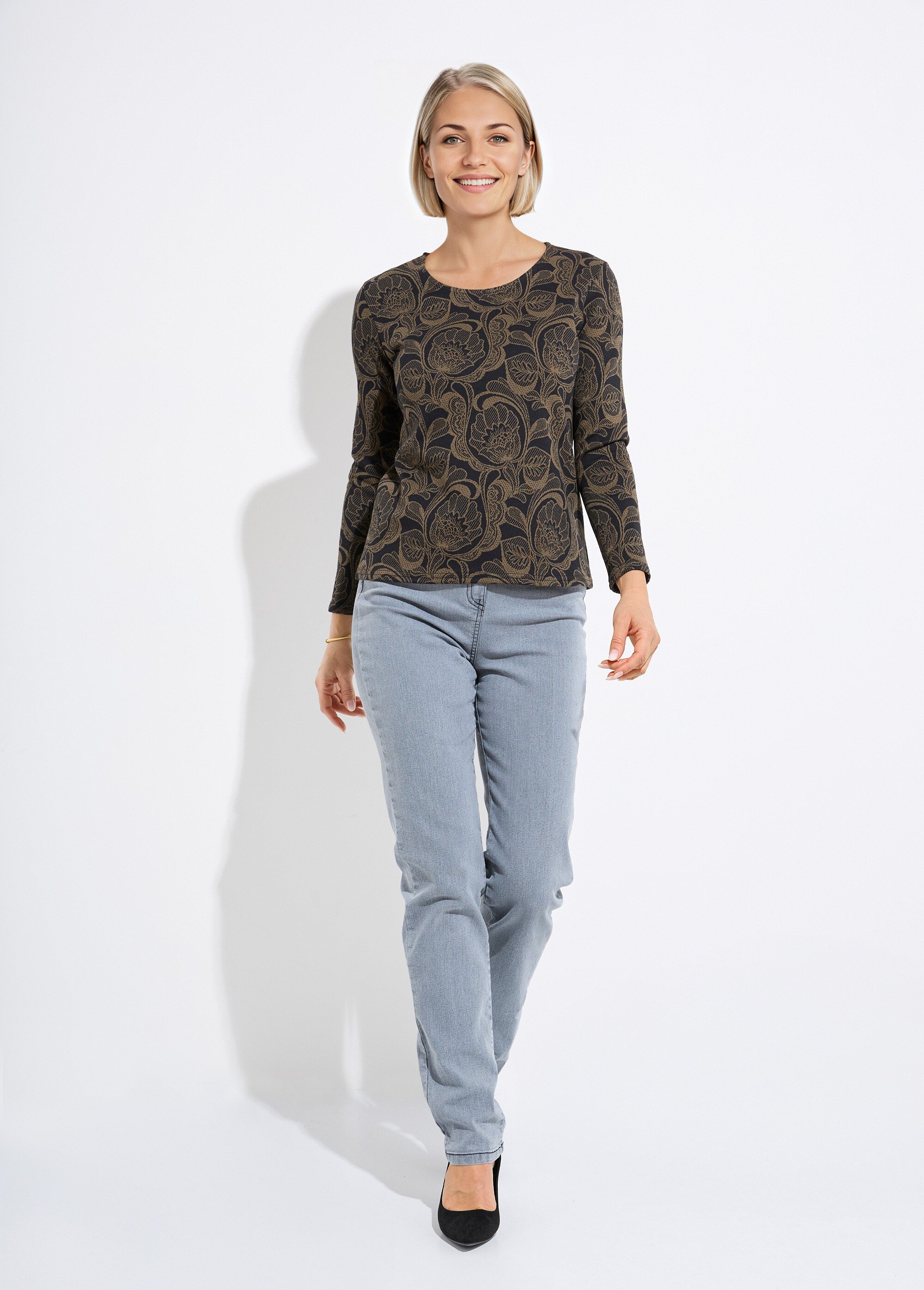 T-shirt jacquard fleuri col rond Femme Noir CEZARIA SF1