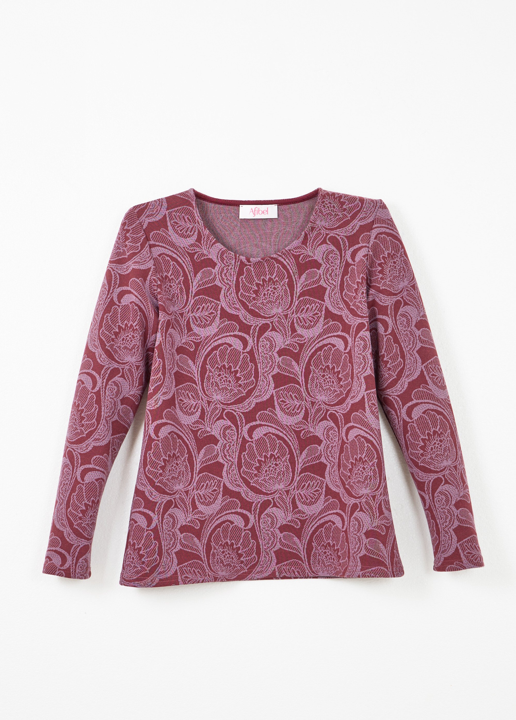 T-shirt jacquard fleuri col rond Femme BORDEAUX ET ROSE CEZARIA AP1