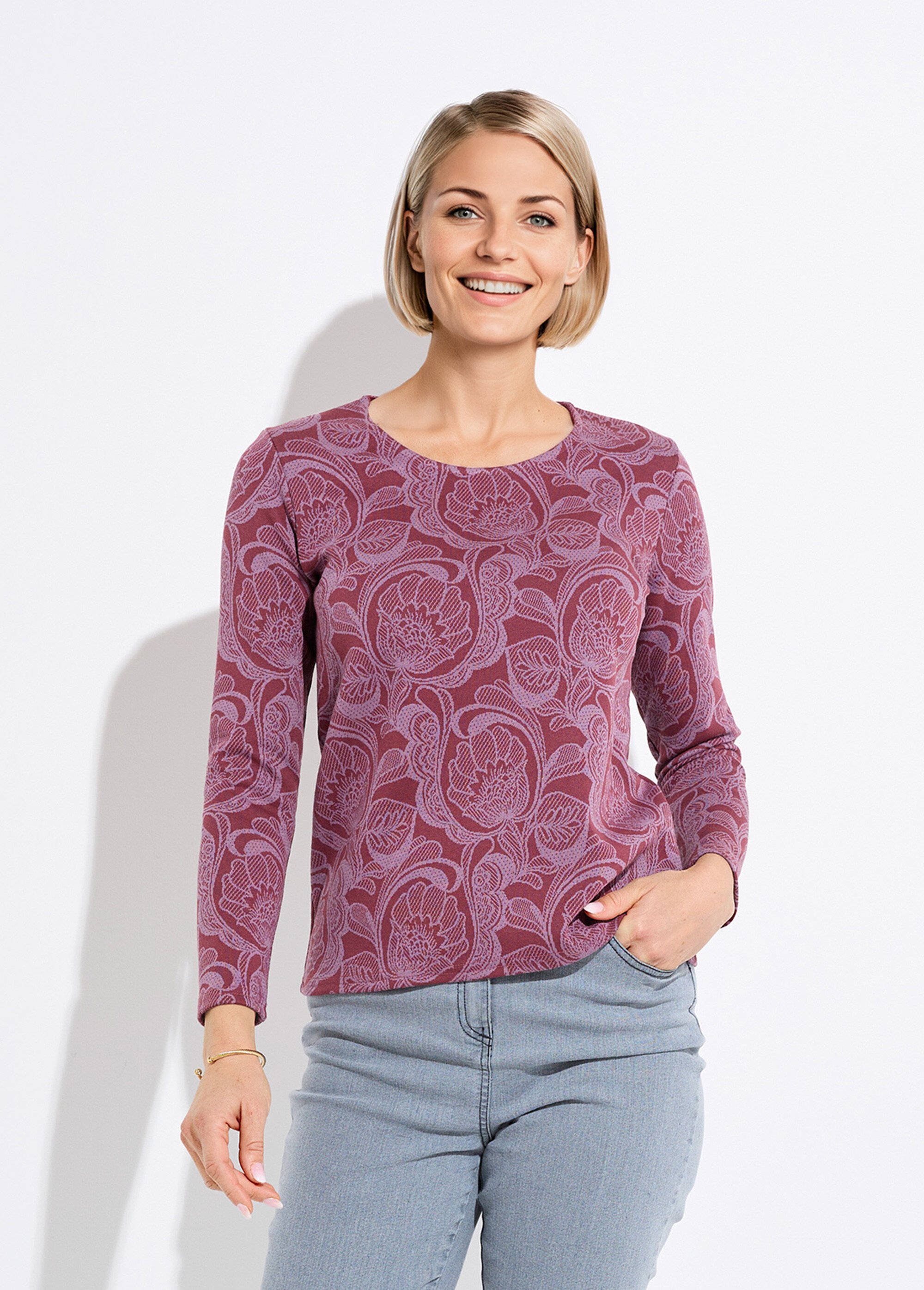 T-shirt jacquard fleuri col rond Femme BORDEAUX ET ROSE CEZARIA FA1