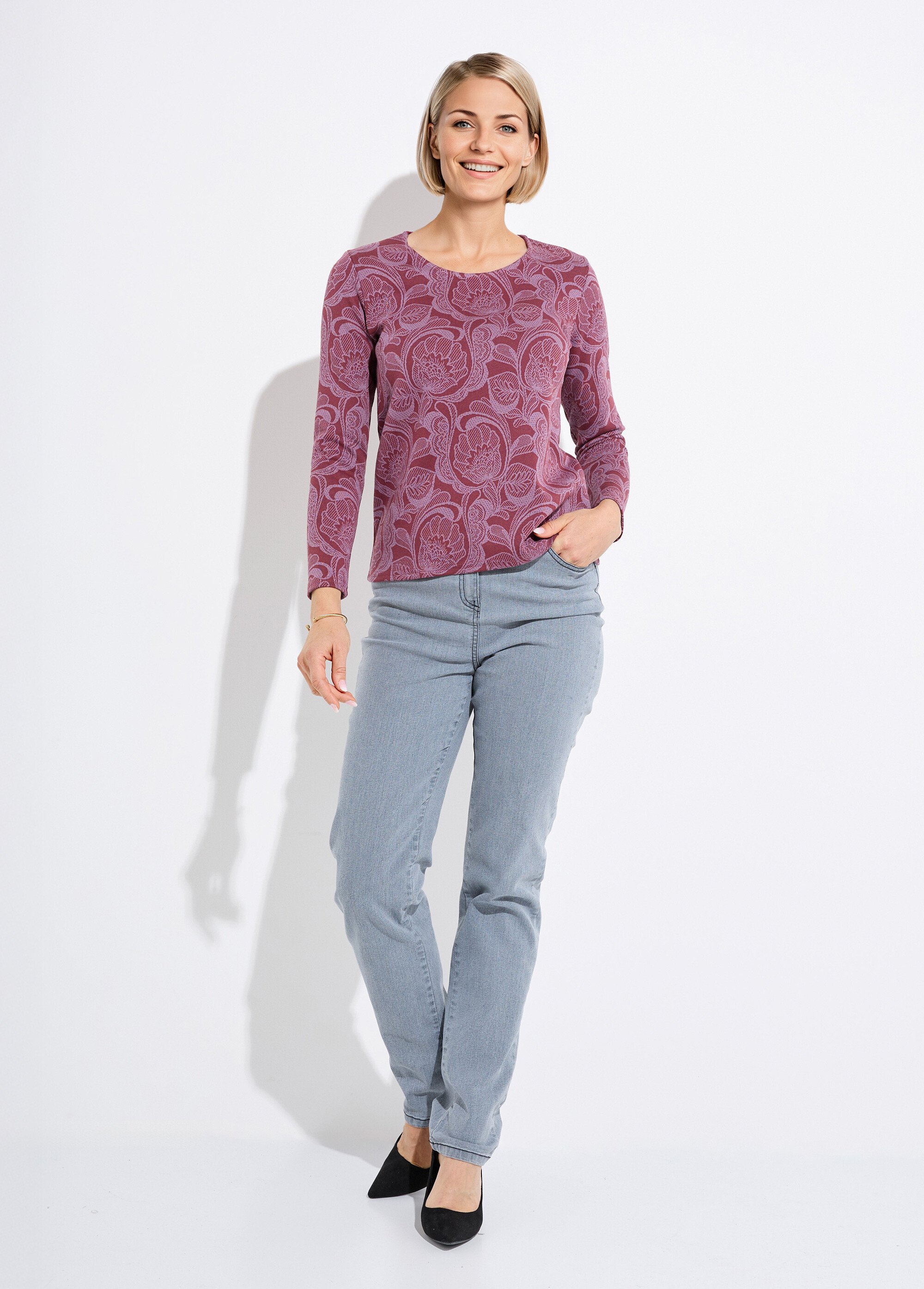 T-shirt jacquard fleuri col rond Femme BORDEAUX ET ROSE CEZARIA SF1