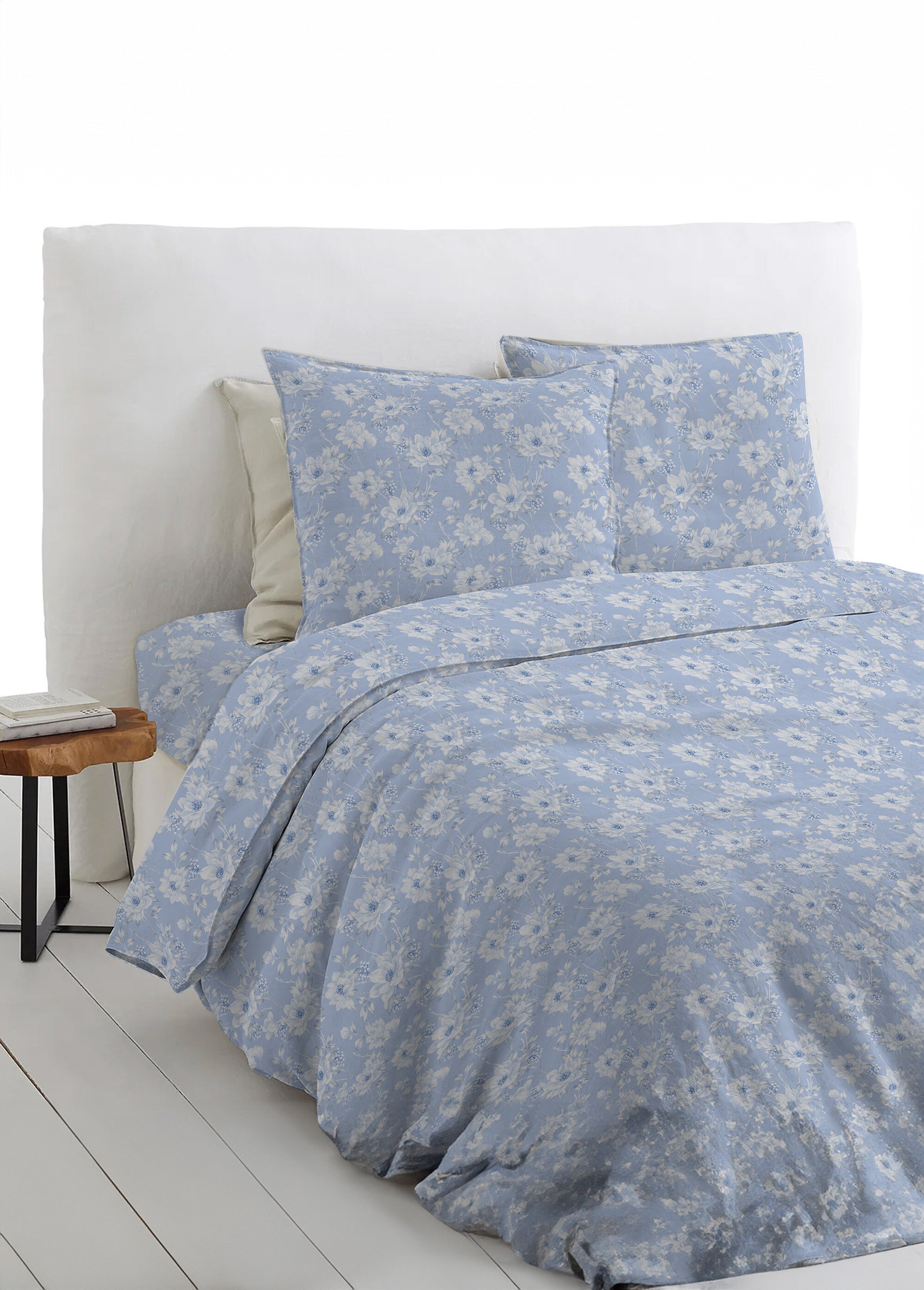 Taie d'oreiller imprimé fleurs flanelle coton Bleu RENA-TAIE SF1