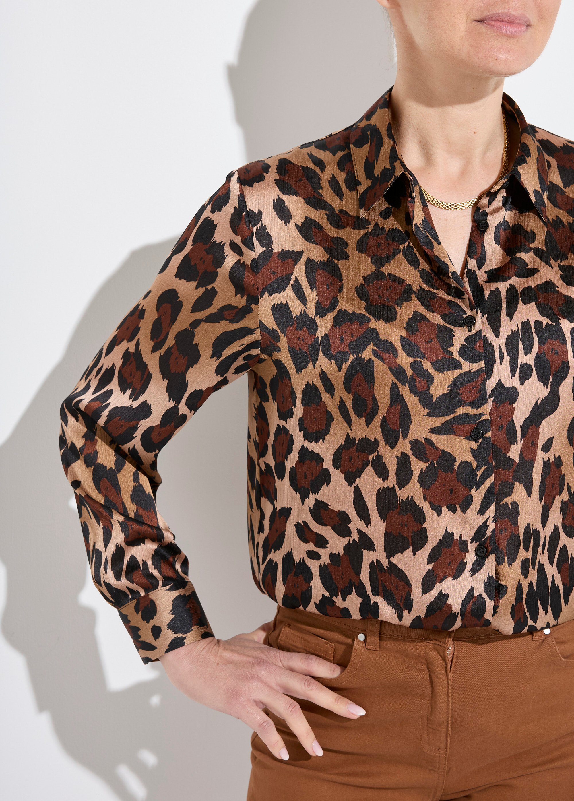Chemisier boutonné satin manches longues Femme IMPRIME MARRON CONSTANCE DE1