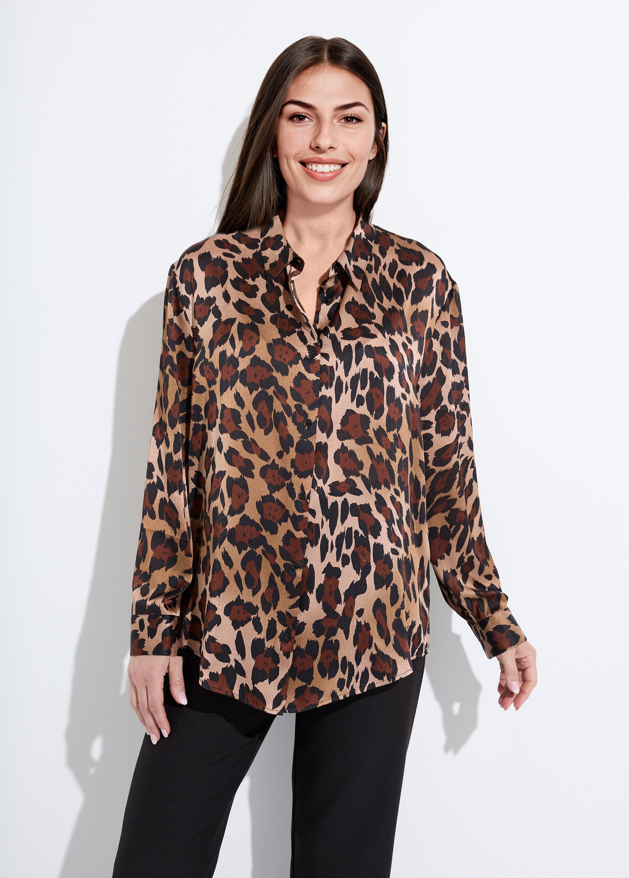 Chemisier boutonné satin manches longues Femme IMPRIME MARRON CONSTANCE FA1