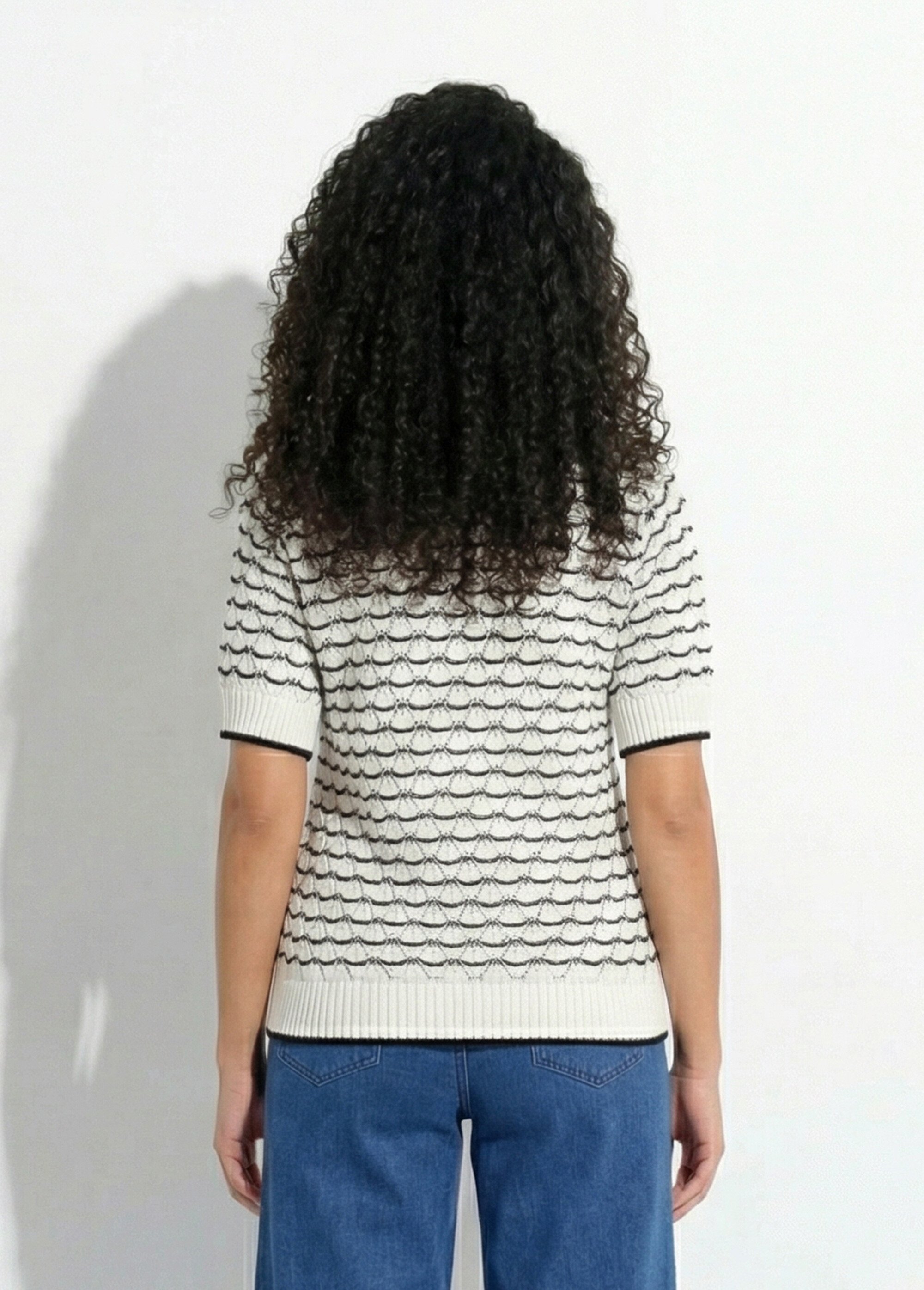 Gilet rayé ajouré V boutonné manches courtes Femme ECRU ET NOIR MALIN DO1