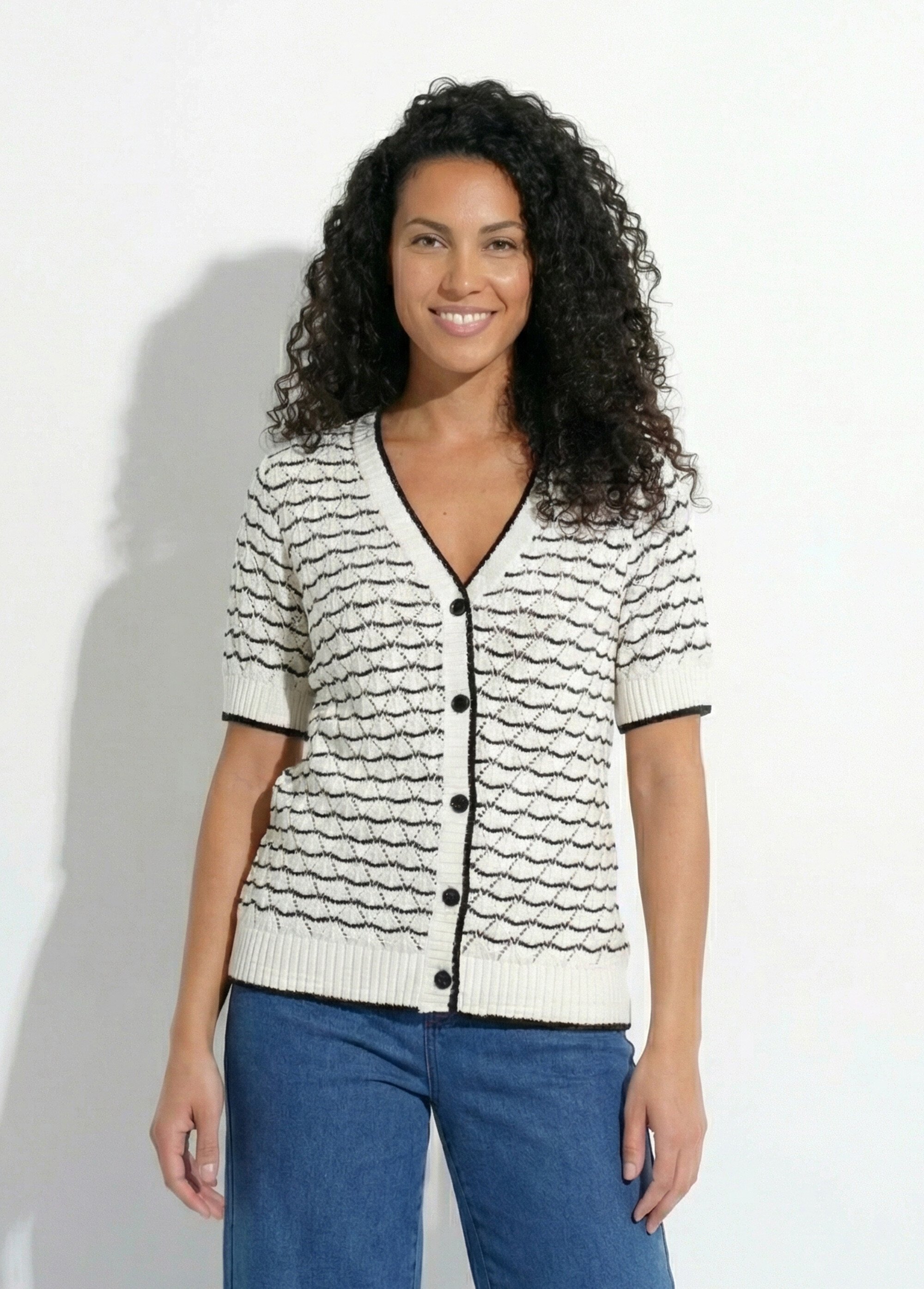 Gilet rayé ajouré V boutonné manches courtes Femme ECRU ET NOIR MALIN FA1