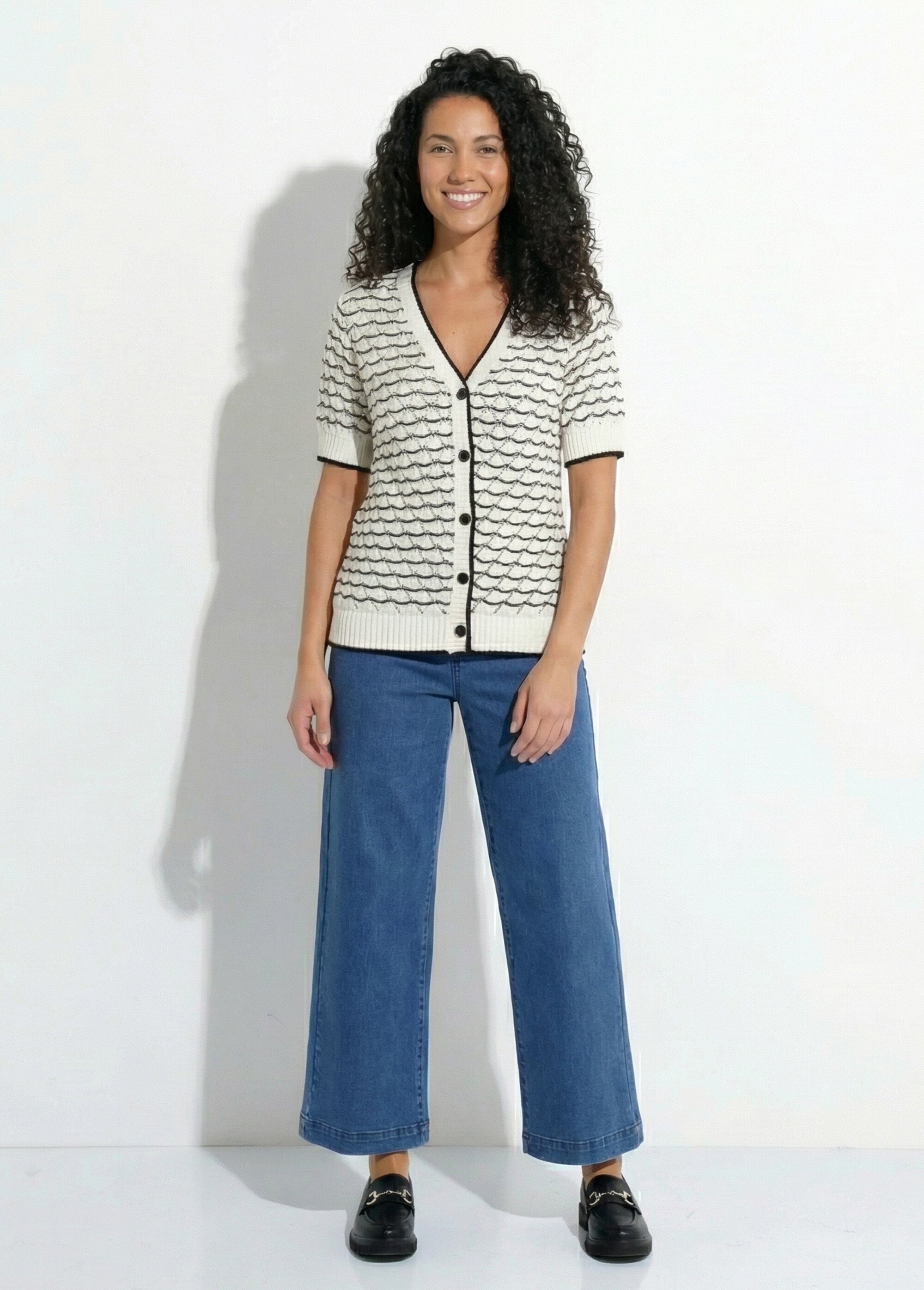 Gilet rayé ajouré V boutonné manches courtes Femme ECRU ET NOIR MALIN SF1