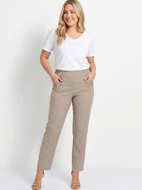 Pantalon ceinture élastiquée ajouré Femme Grande Taille Beige NALOR MV1
