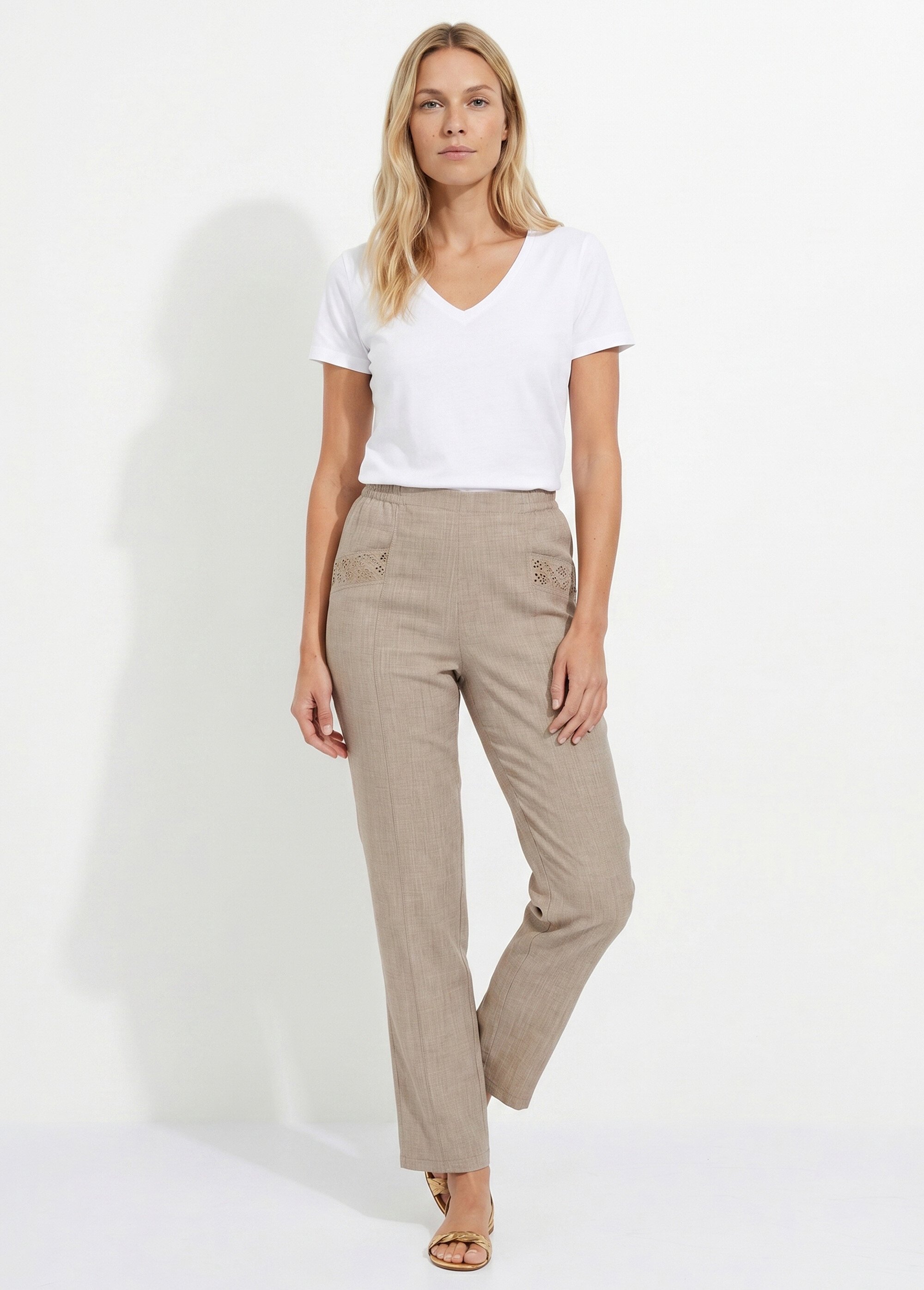 Pantalon ceinture élastiquée ajouré Femme Beige NALOR MV1