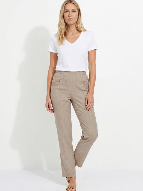 Pantalon ceinture élastiquée ajouré Femme Beige NALOR MV1