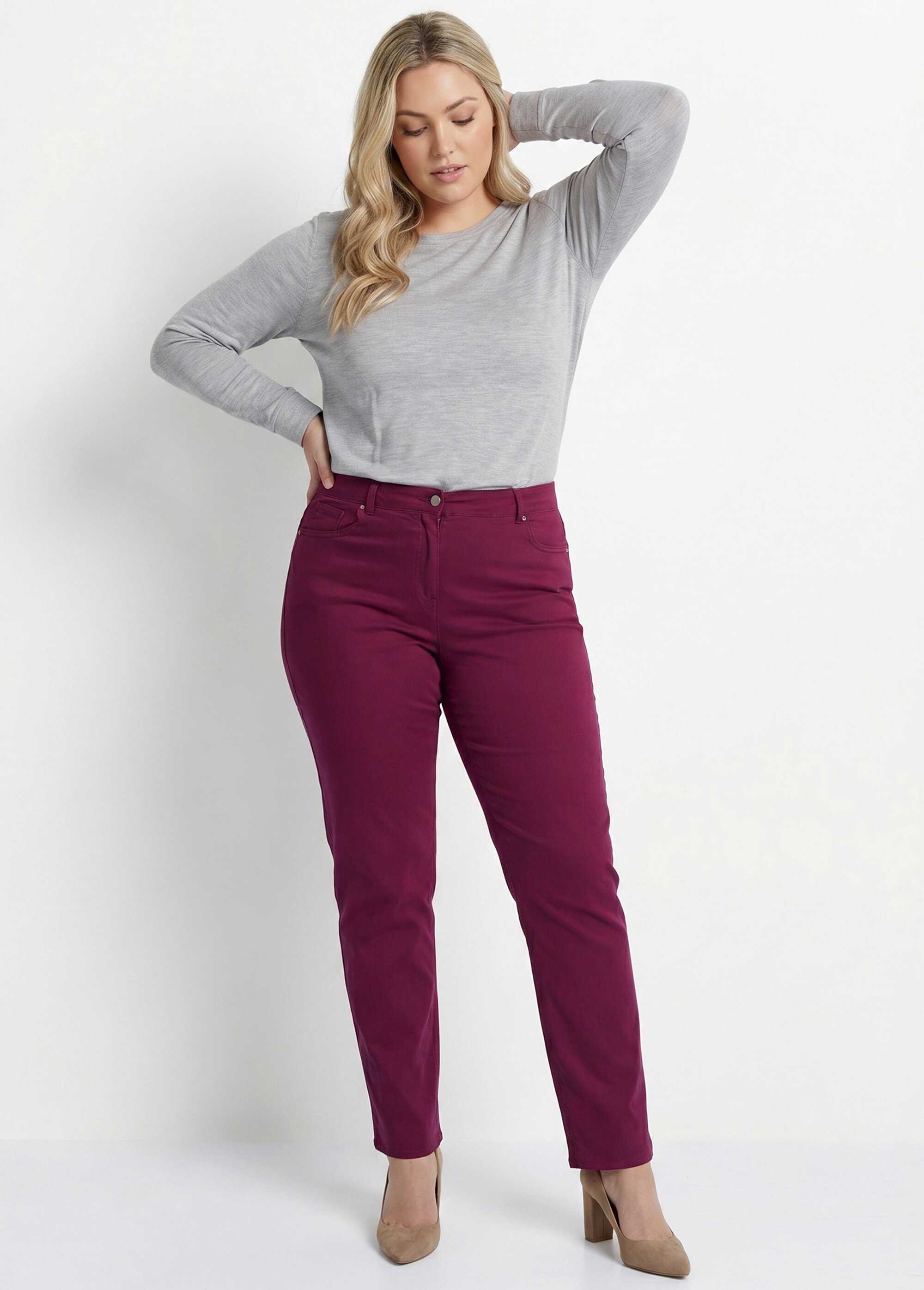 Pantalon droit 5 poches coton stretch Femme Grande Taille Rouge NEVILLE MV1