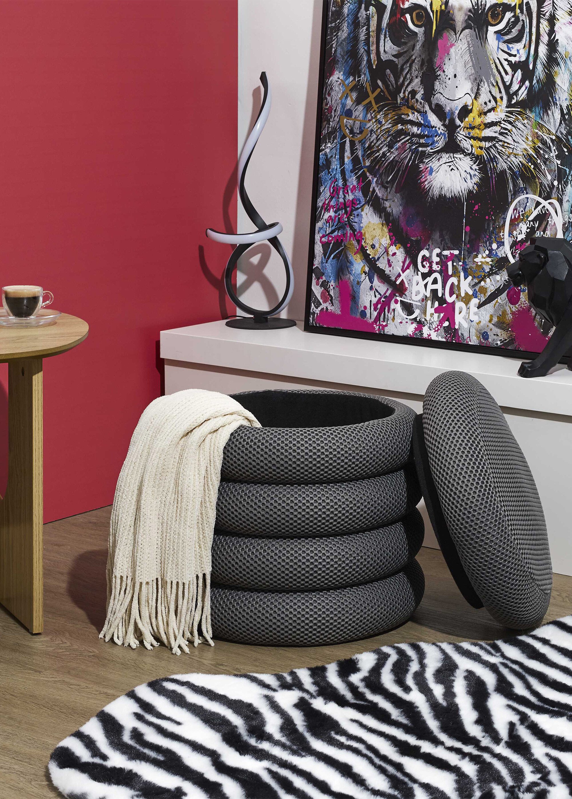 Pouf coffre rond design en mesh ATOME GRIS CMP-HD0427 SI1