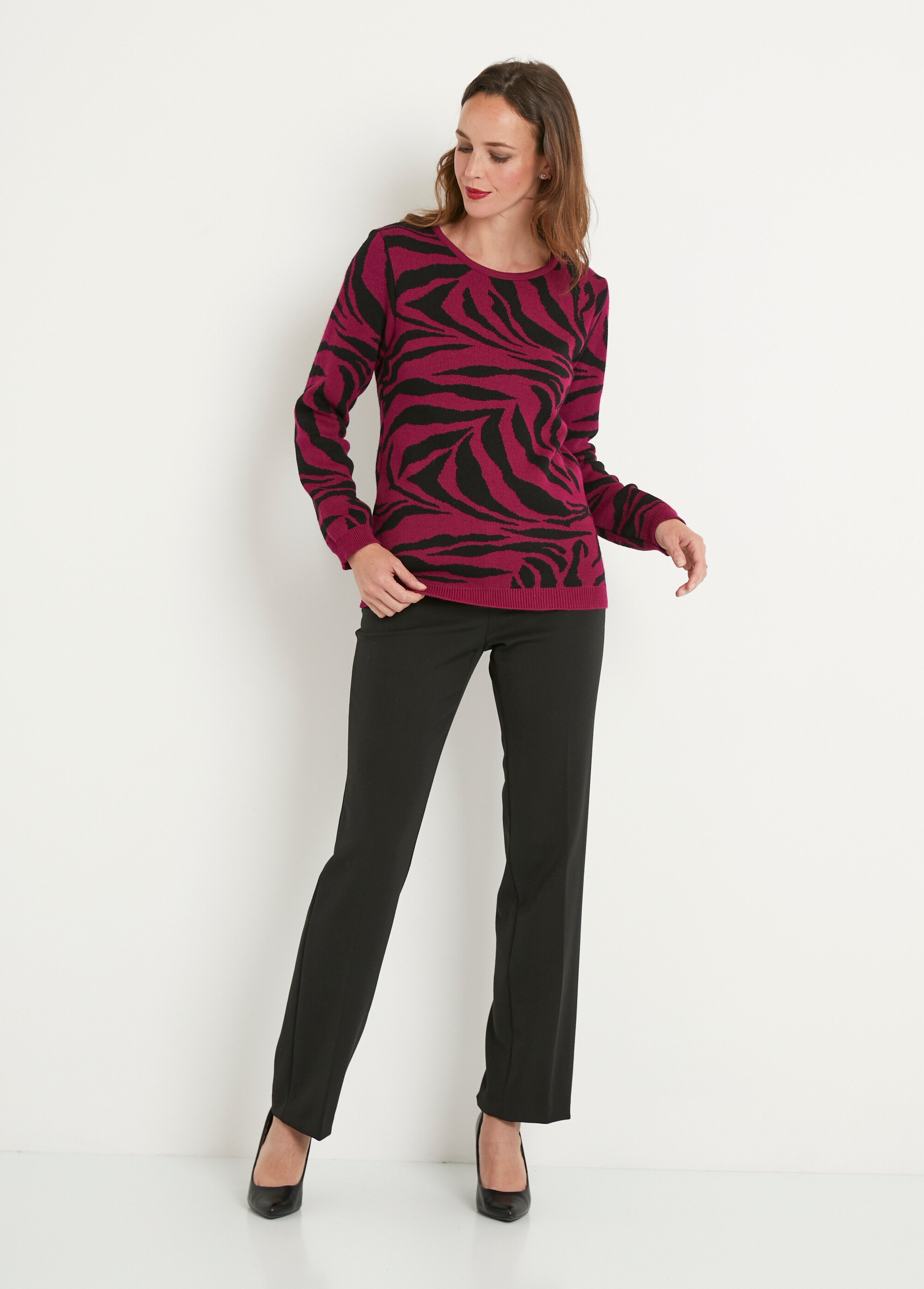 Pull doux jacquard zèbre col rond Femme CASSIS ET NOIR PUSAN SF1
