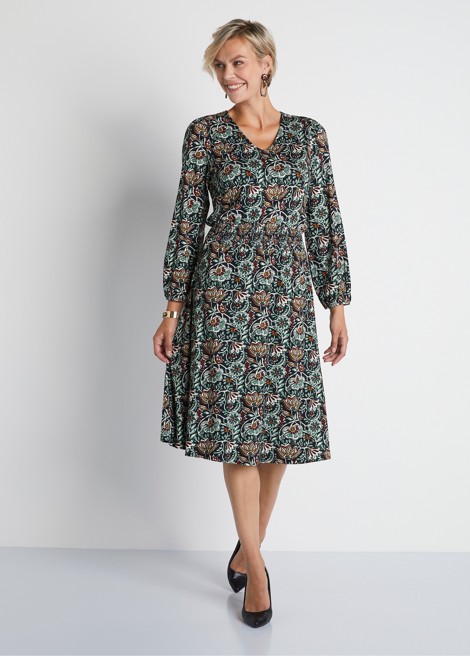 Robe courte smockée maille imprimé fleuri