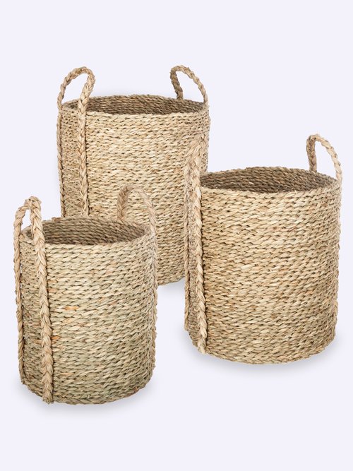 Set de 3 paniers ronds, roseau tressé Beige JJA-157047 FA1