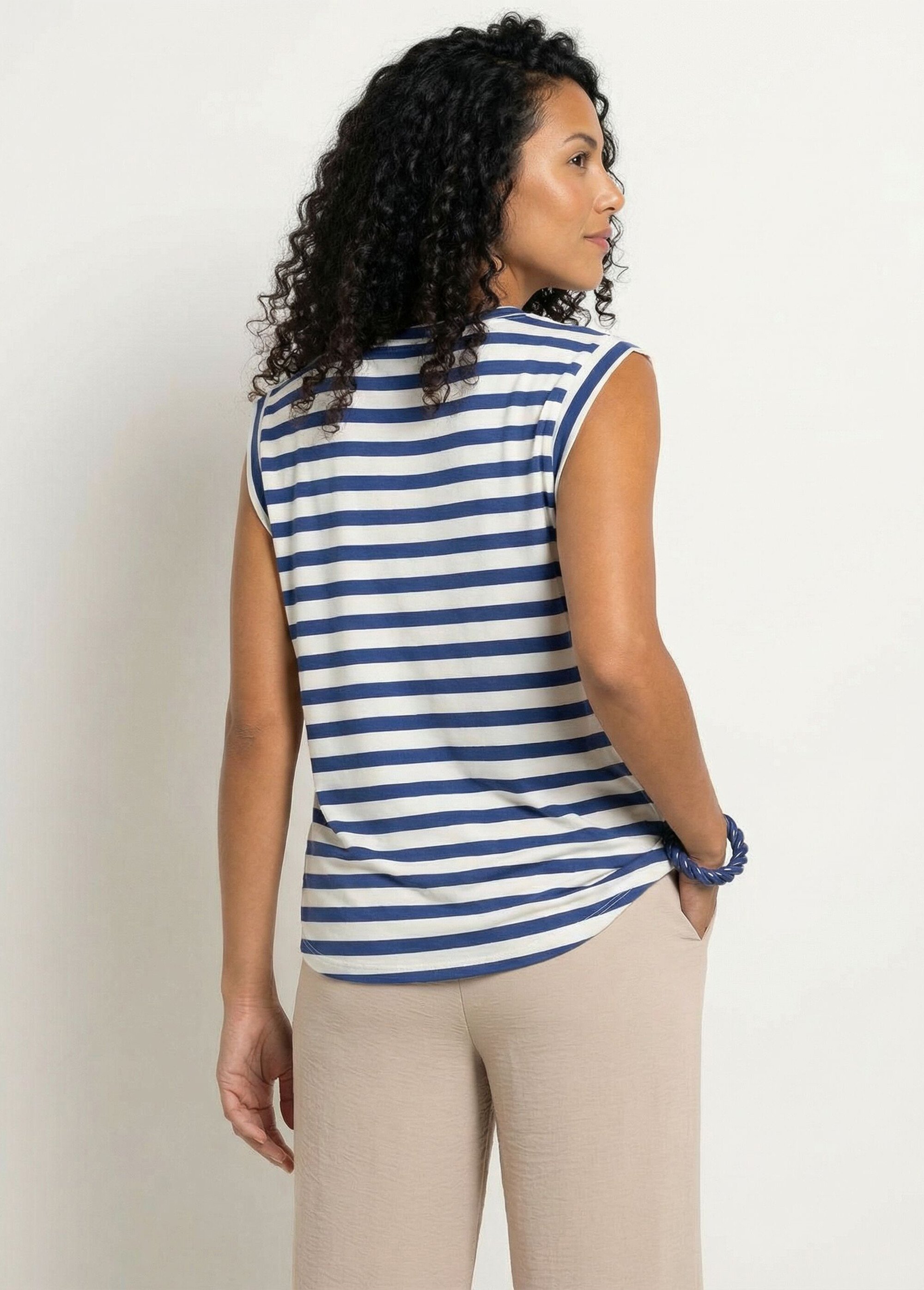 T-shirt sans manches rayé côtelé boutons dorés