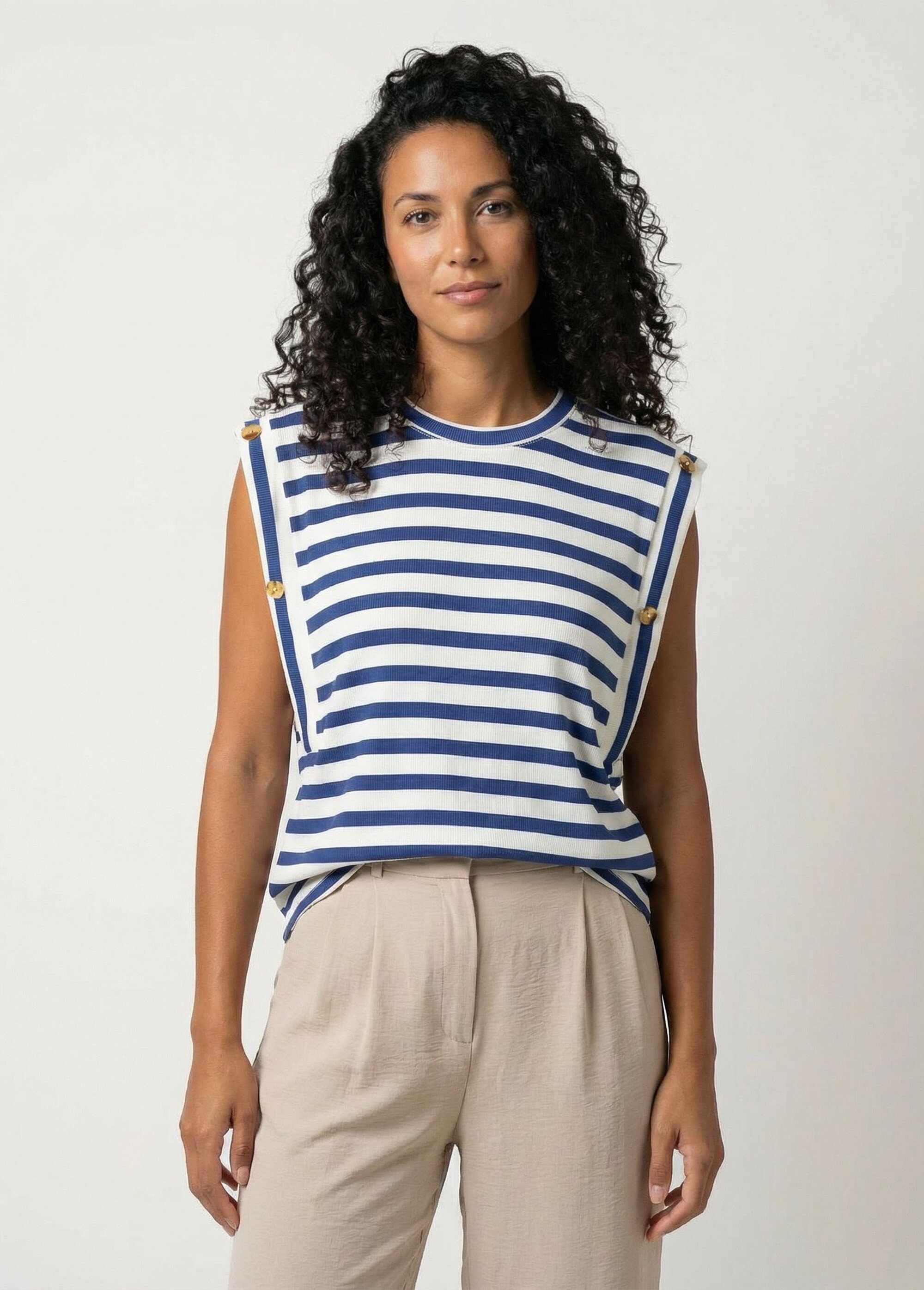 T-shirt sans manches rayé côtelé boutons dorés Femme RAYE BLEU CORMA FA1