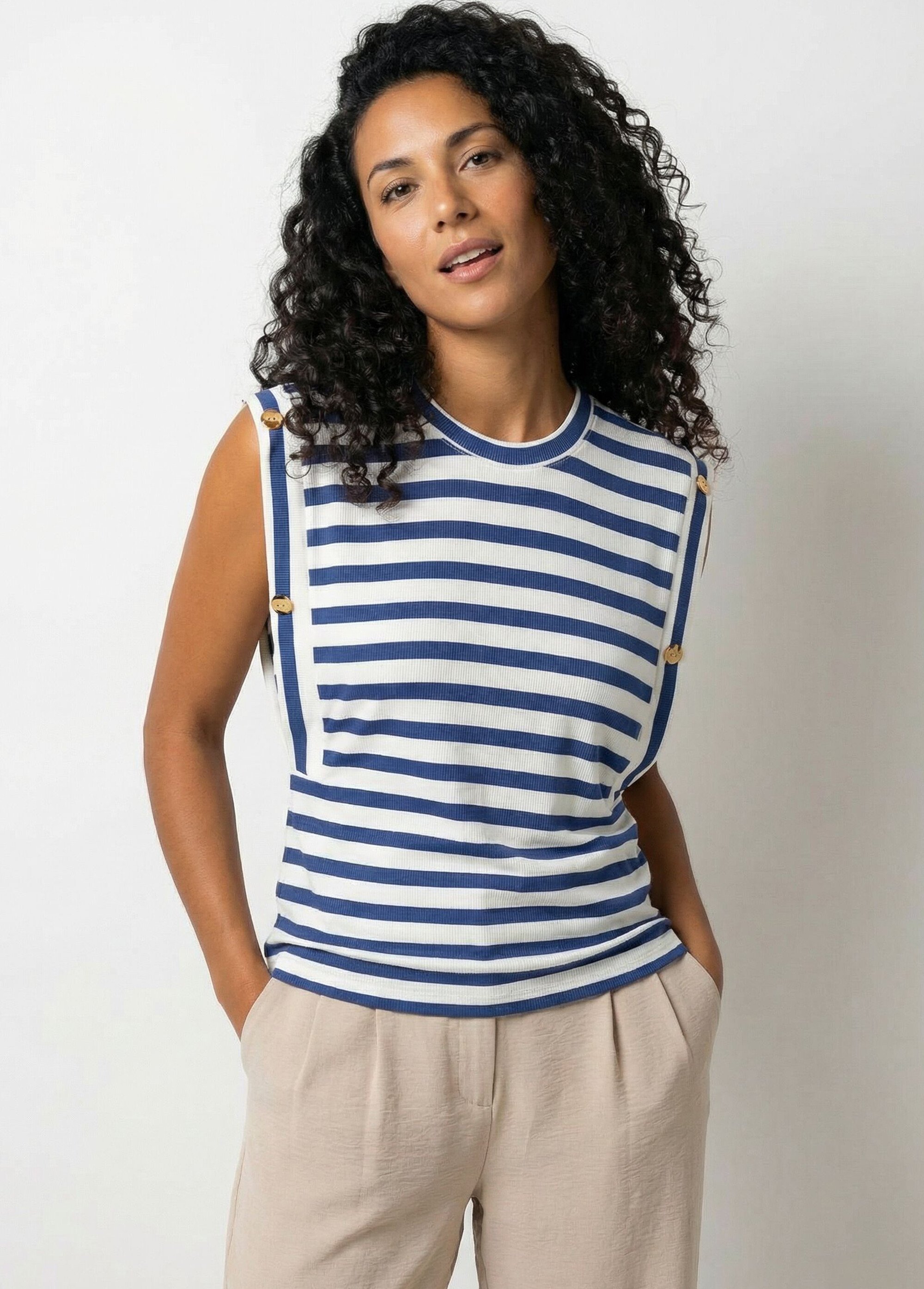 T-shirt sans manches rayé côtelé boutons dorés Femme RAYE BLEU CORMA MV1