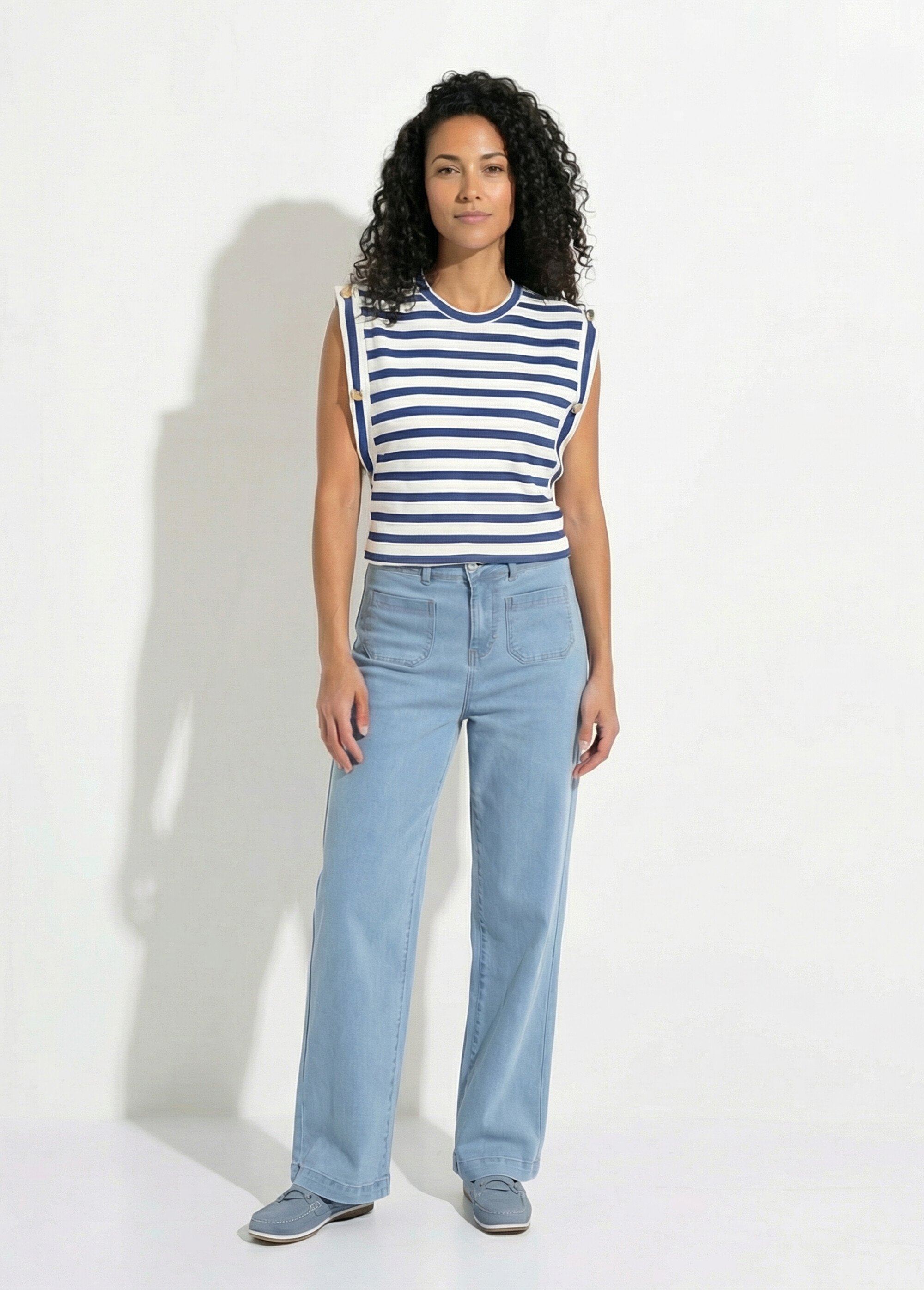 T-shirt sans manches rayé côtelé boutons dorés Femme RAYE BLEU CORMA SF1