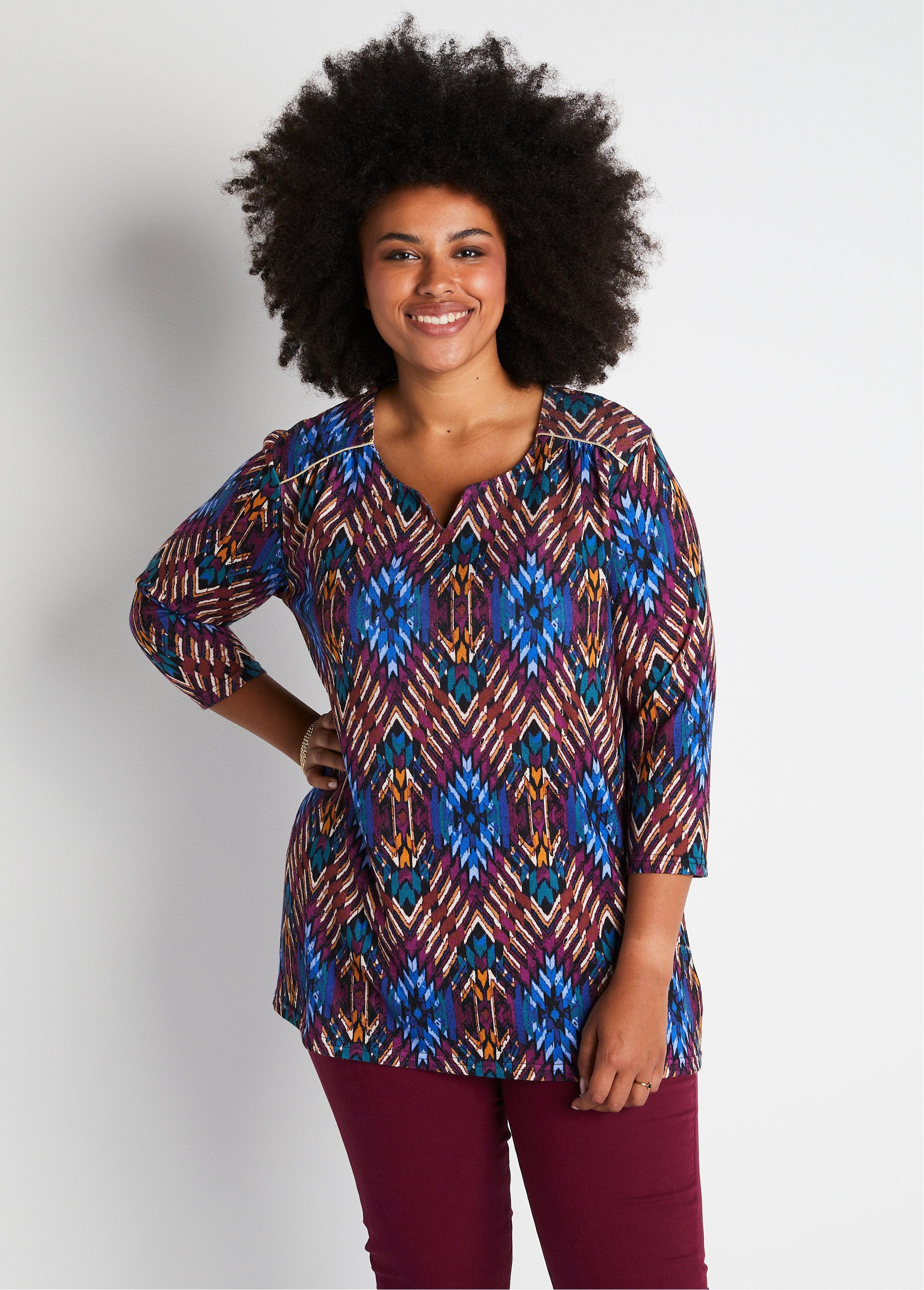 T-shirt long évasé manches 3/4 col rond