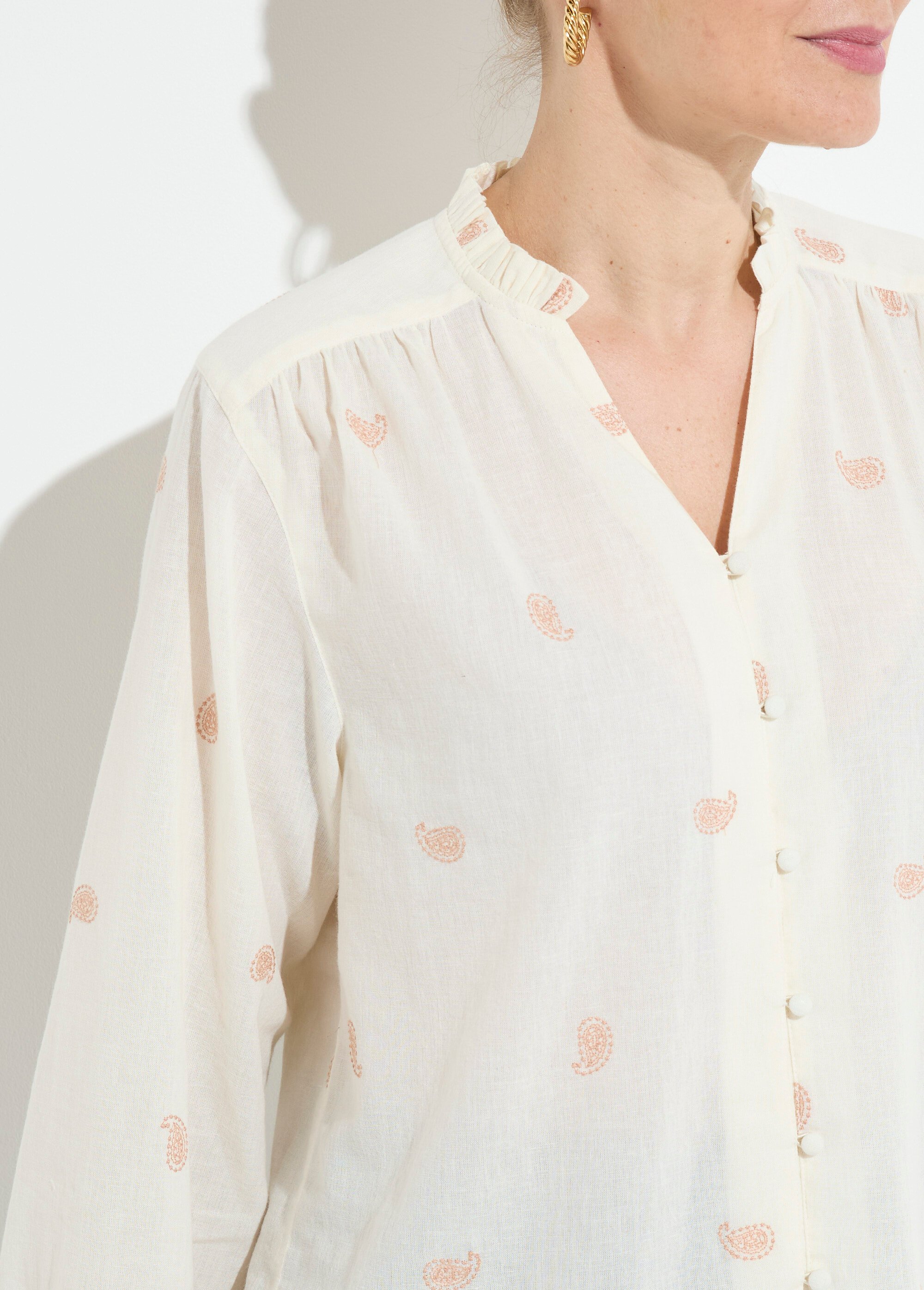 Tunique col volanté gaze de coton brodée Femme ECRU ET BEIGE CHIARA DE2