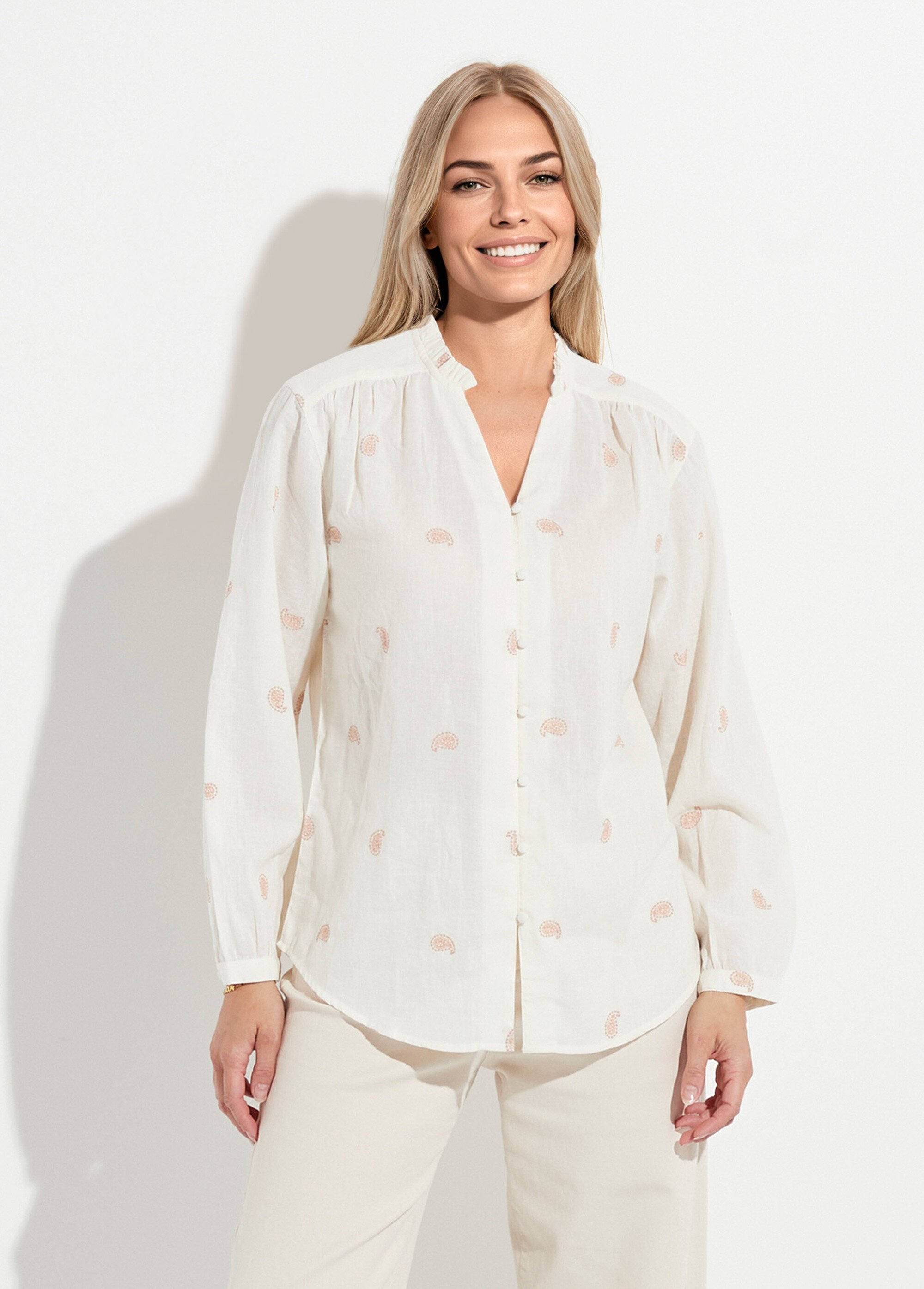 Tunique col volanté gaze de coton brodée Femme ECRU ET BEIGE CHIARA FA1