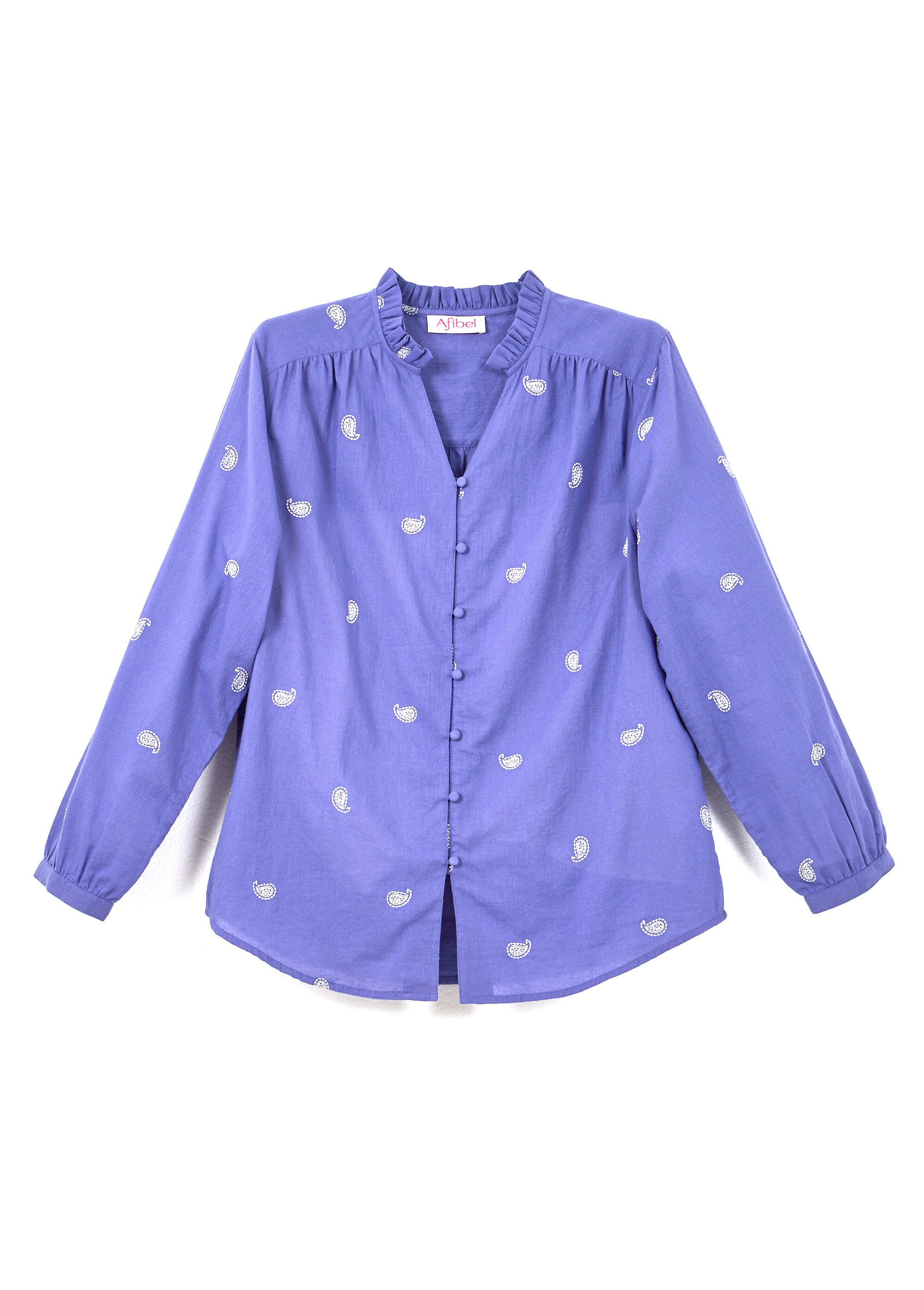 Tunique col volanté gaze de coton brodée Femme Bleu CHIARA AP1