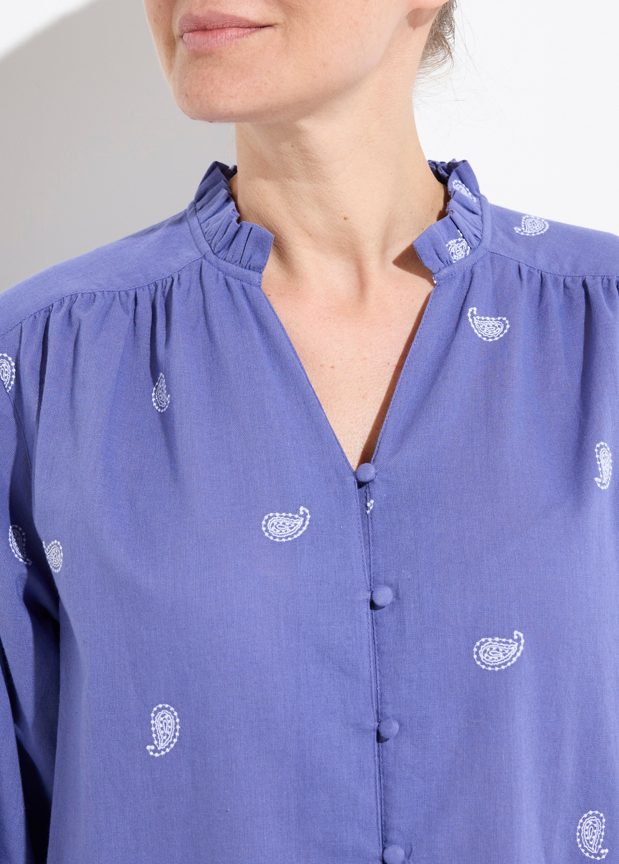 Tunique col volanté gaze de coton brodée Femme Bleu CHIARA DE1