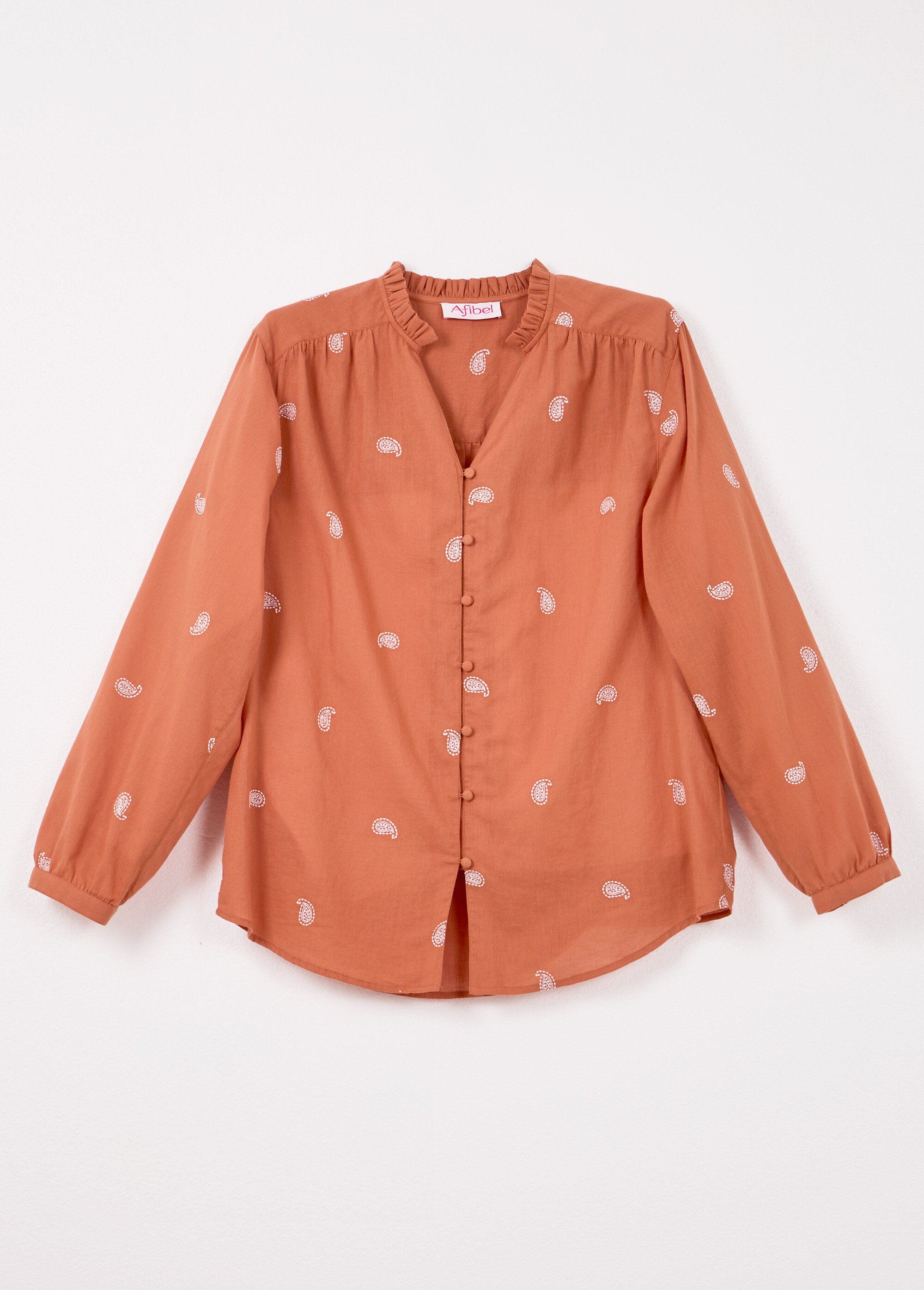 Tunique col volanté gaze de coton brodée Femme CARAMEL ET BLANC CHIARA AP1