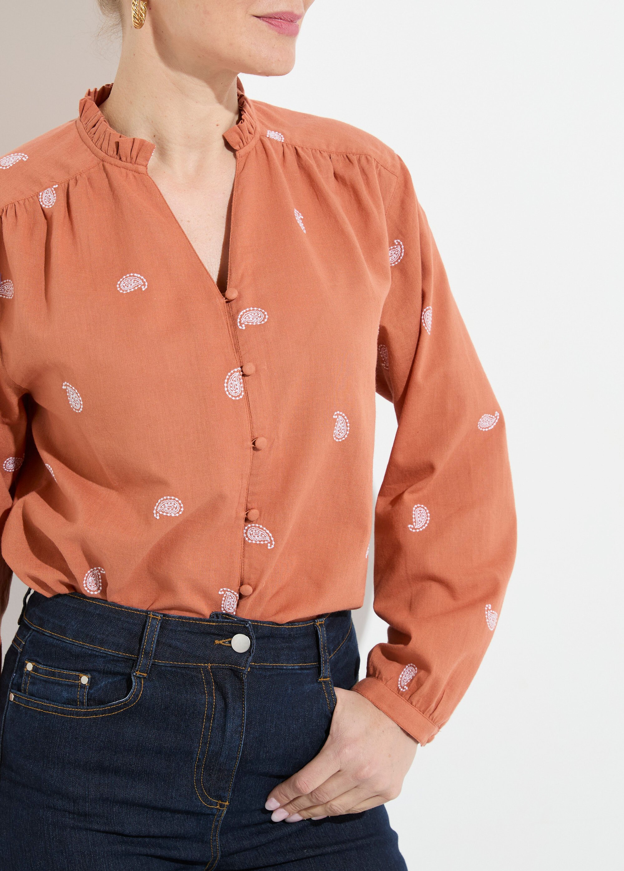 Tunique col volanté gaze de coton brodée Femme CARAMEL ET BLANC CHIARA DE1