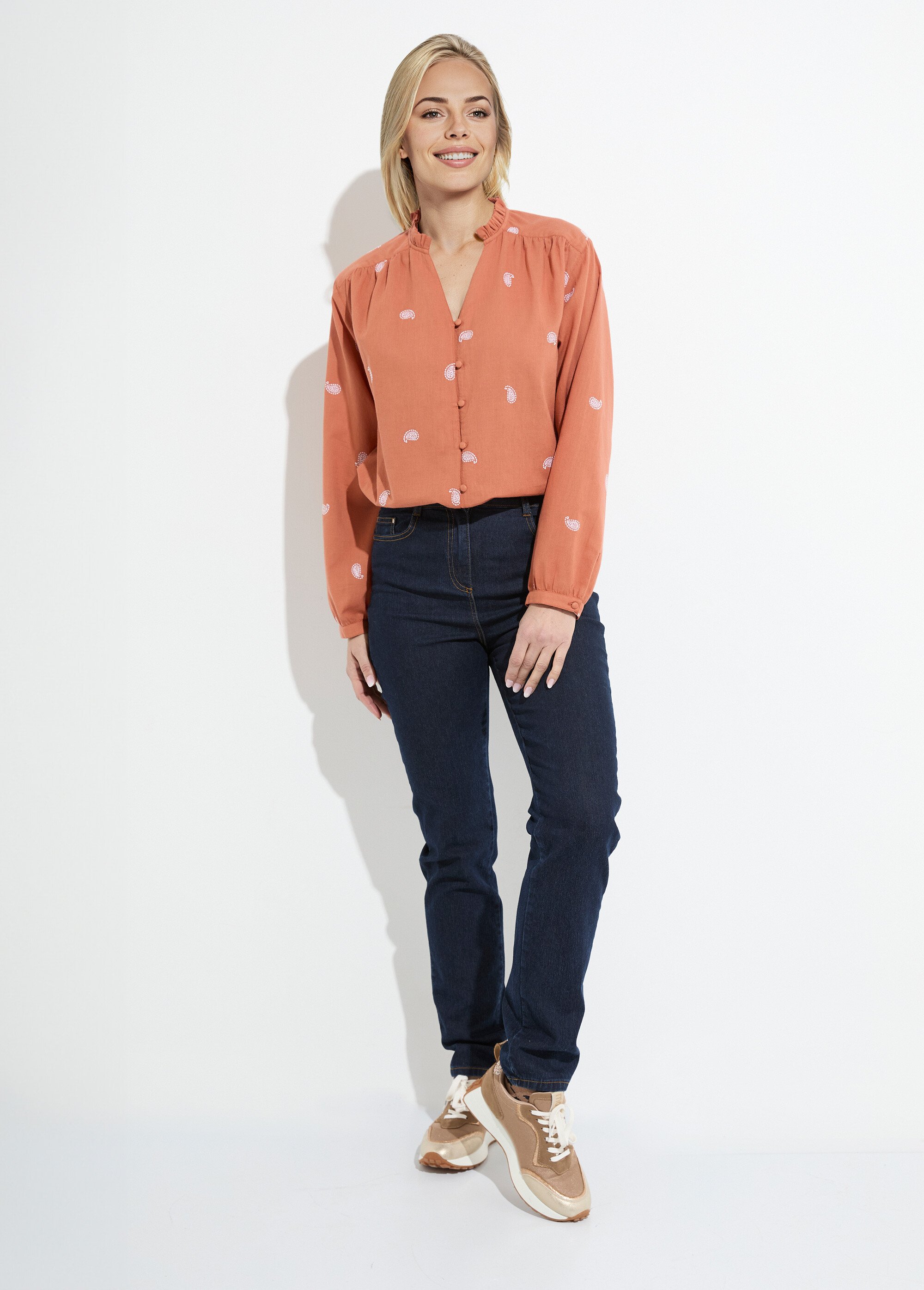 Tunique col volanté gaze de coton brodée Femme CARAMEL ET BLANC CHIARA SF1