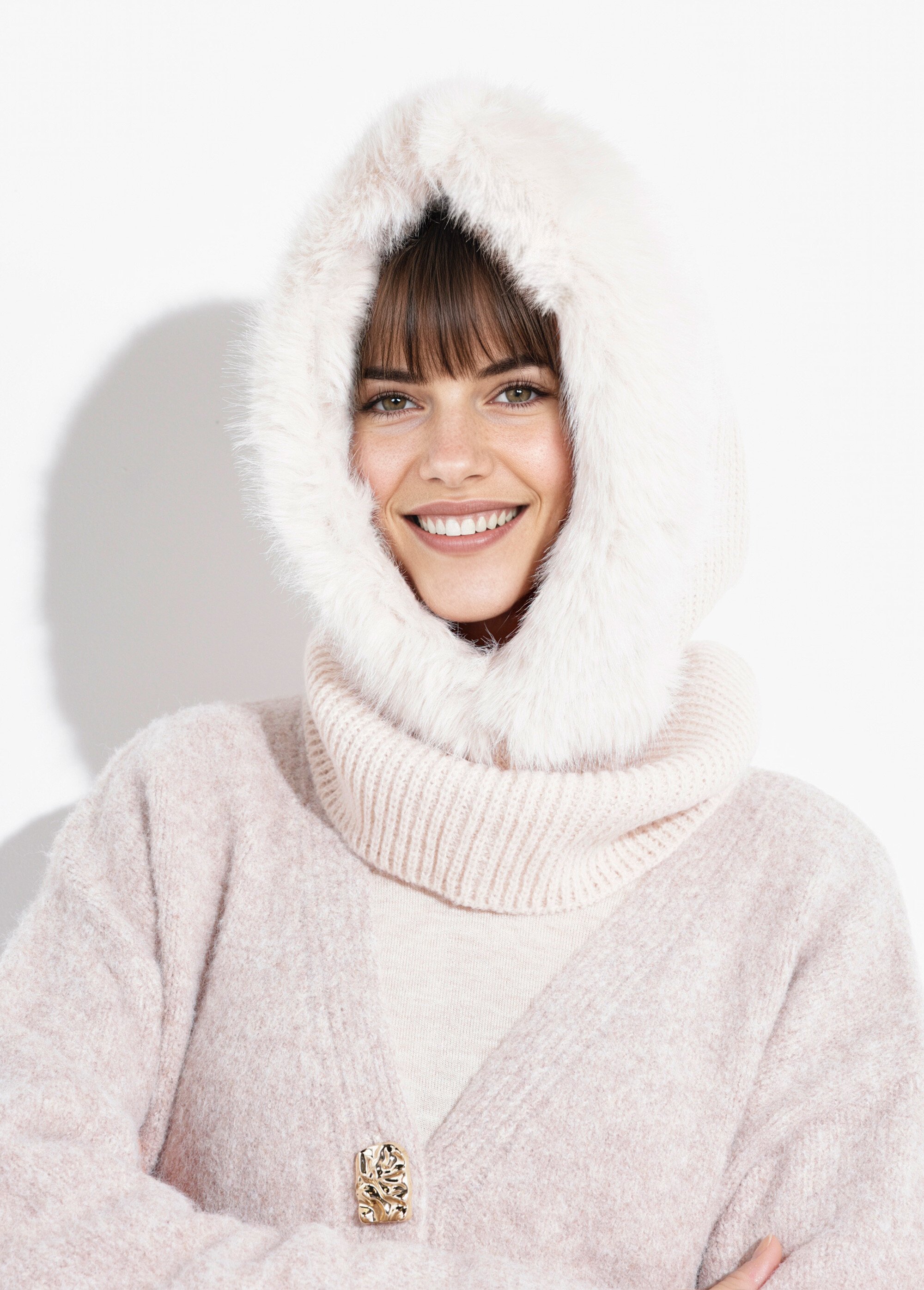 Cagoule en maille, bord fourrure Femme Beige NES180CAG2503 FA1