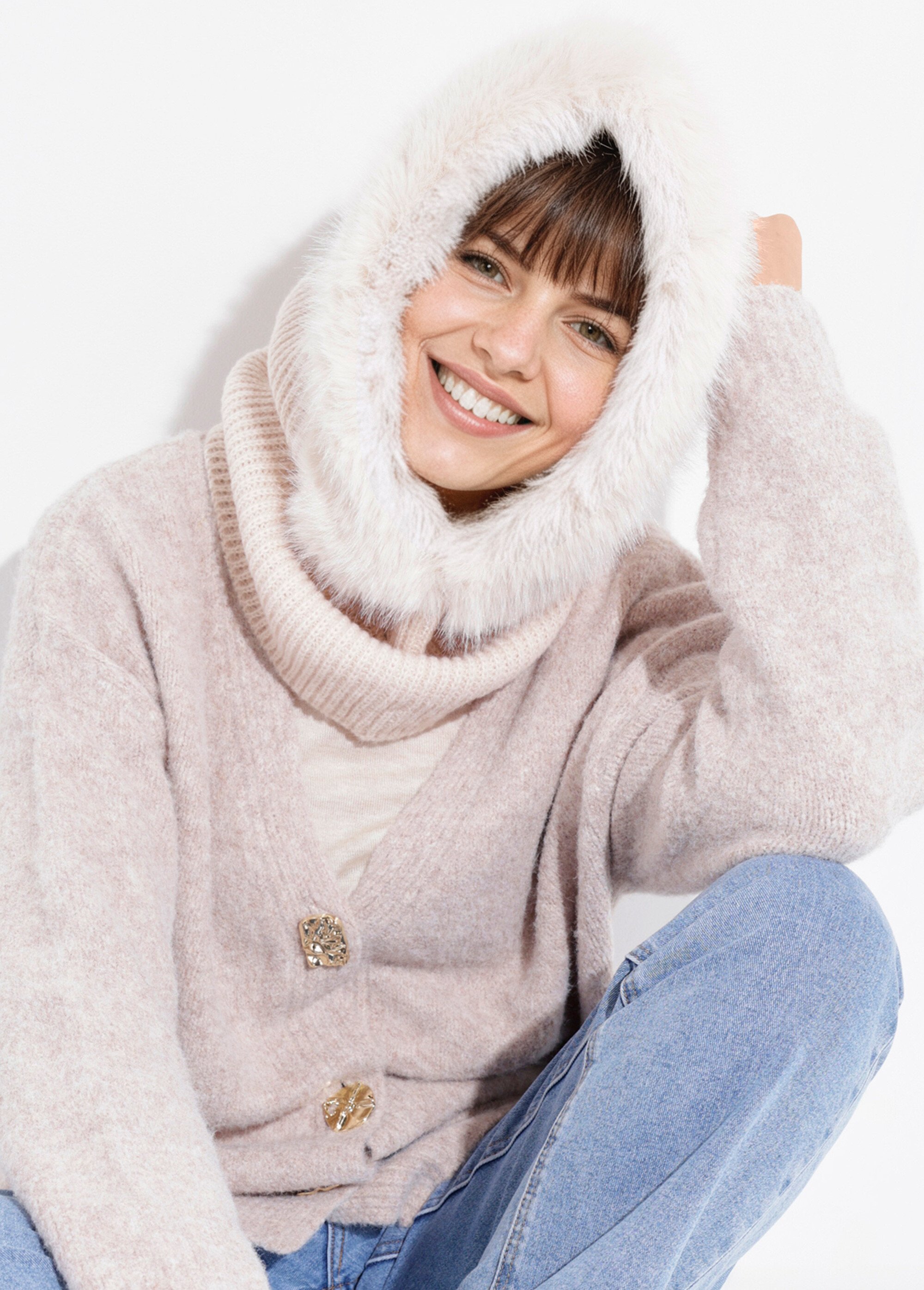 Cagoule en maille, bord fourrure Femme Beige NES180CAG2503 MV1