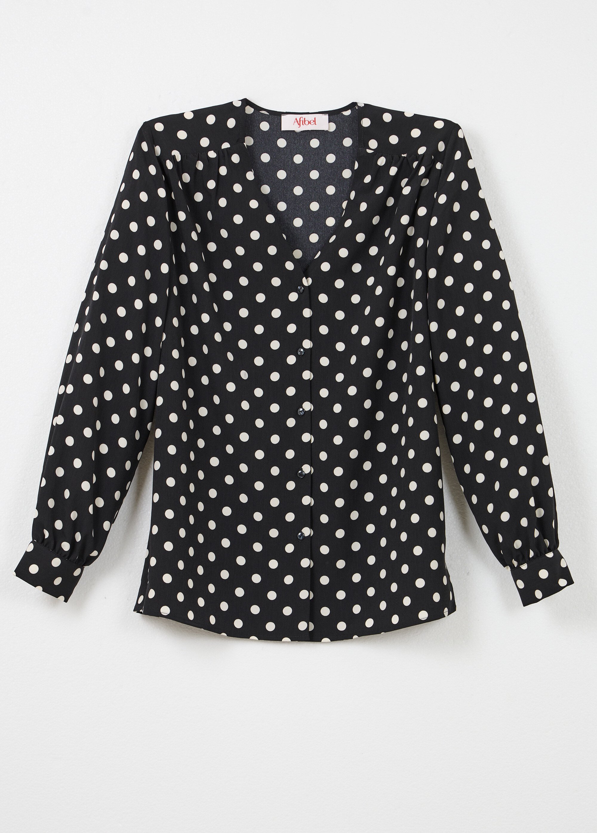 Chemisier col V imprimé pois manches longues Femme Noir CATALIA AP1