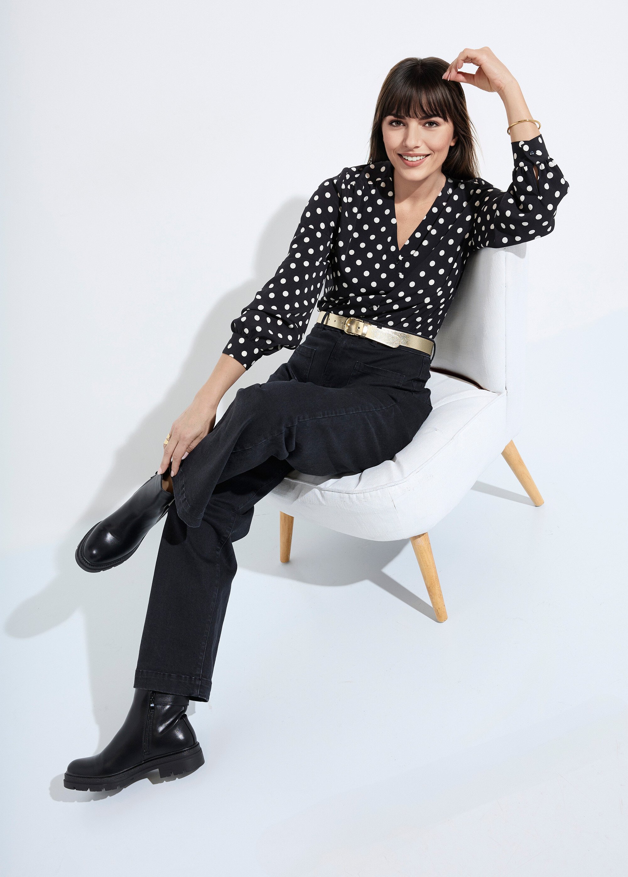 Chemisier col V imprimé pois manches longues