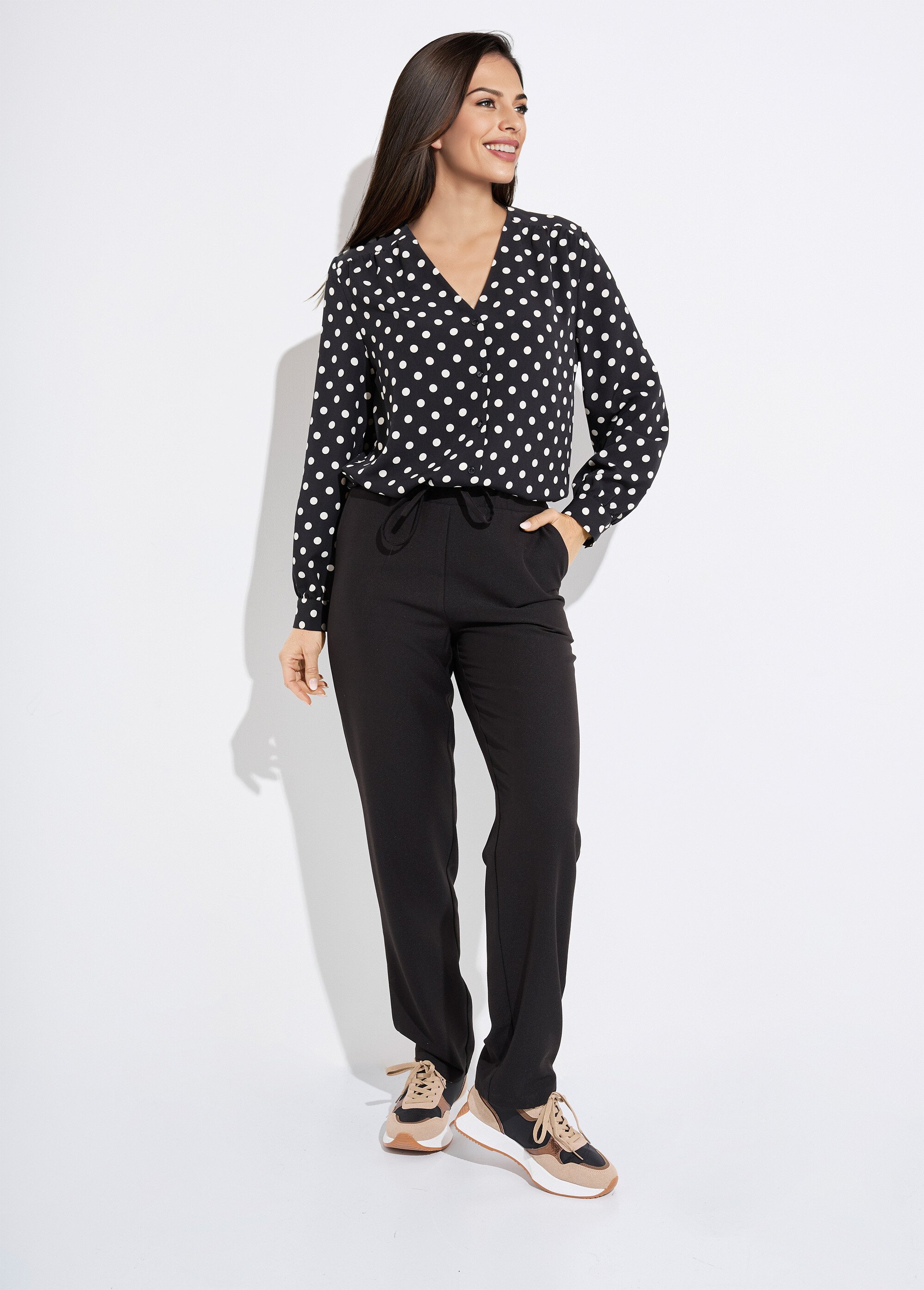 Chemisier col V imprimé pois manches longues Femme Noir CATALIA SF1