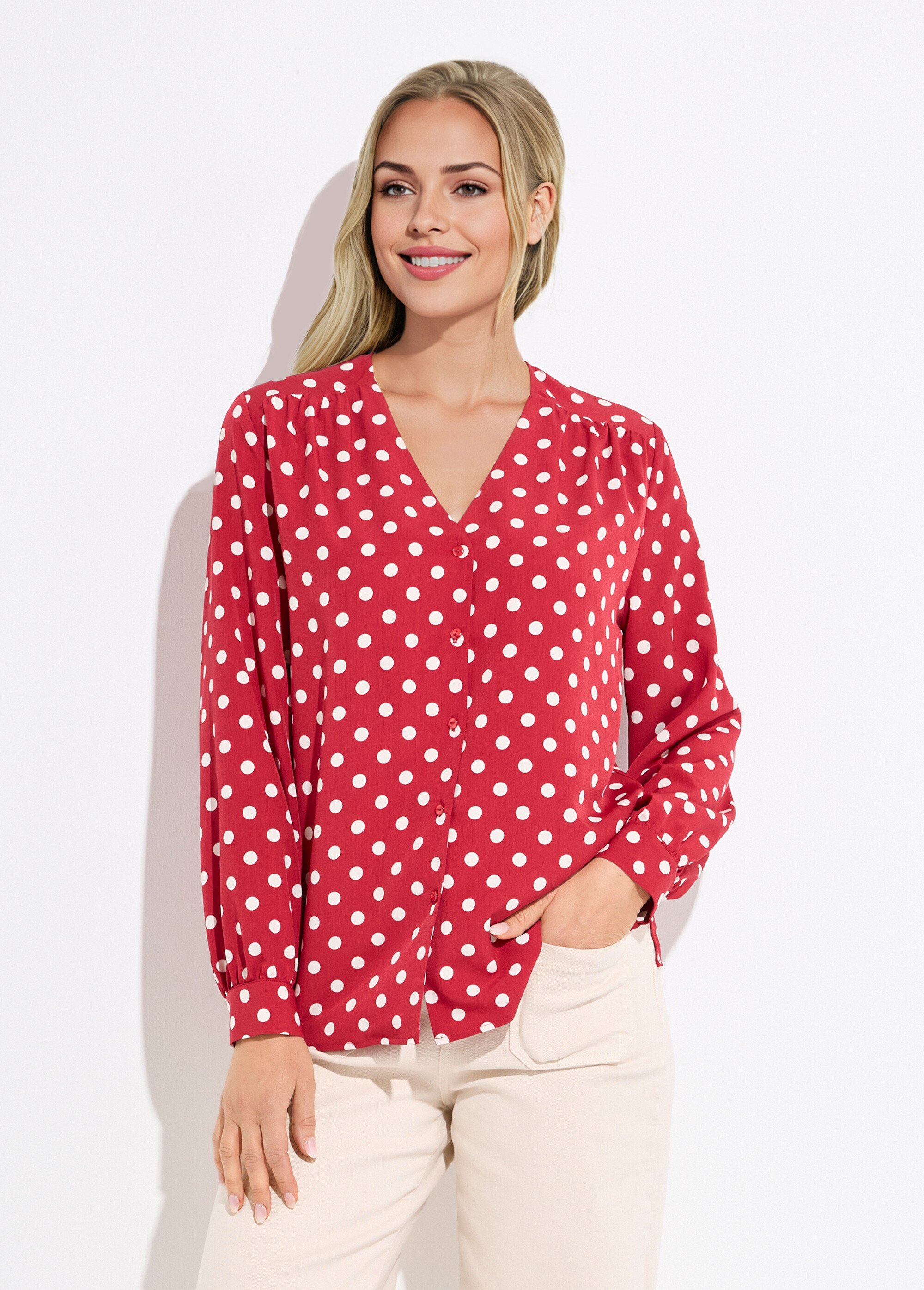 Chemisier col V imprimé pois manches longues Femme BORDEAUX ET ECRU CATALIA FA1