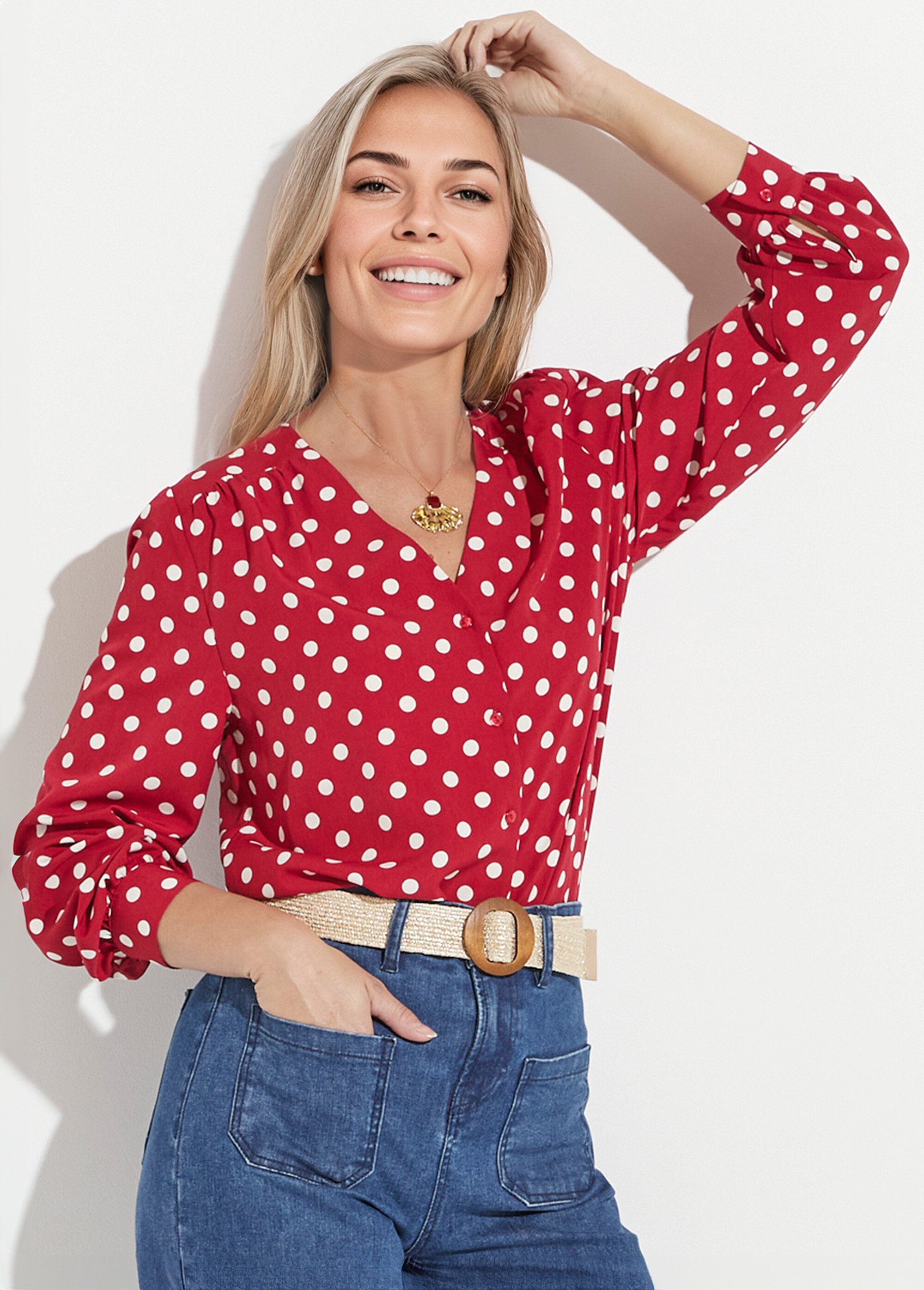 Chemisier col V imprimé pois manches longues