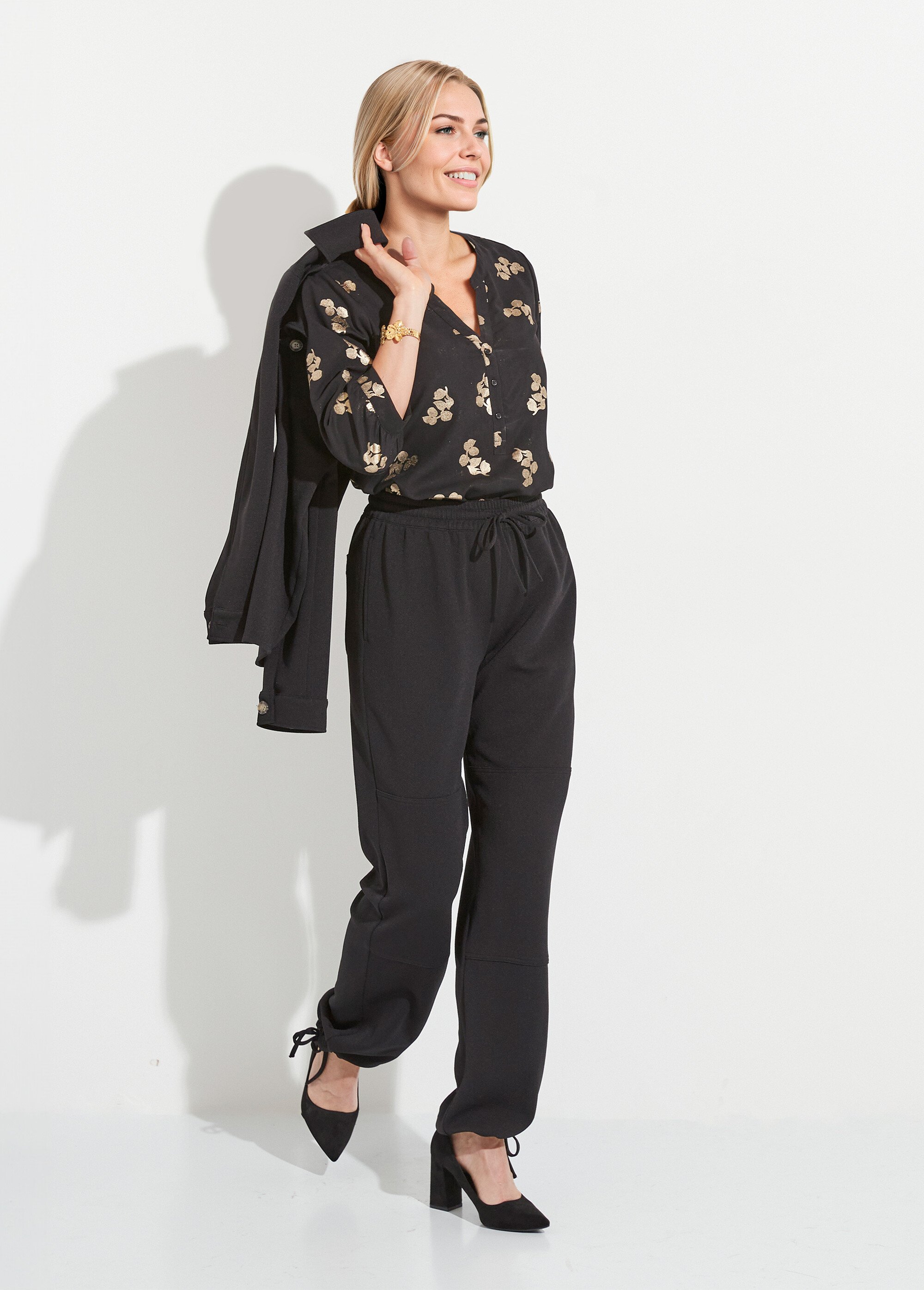 Pantalon large ceinture élastiquée maille crêpe unie