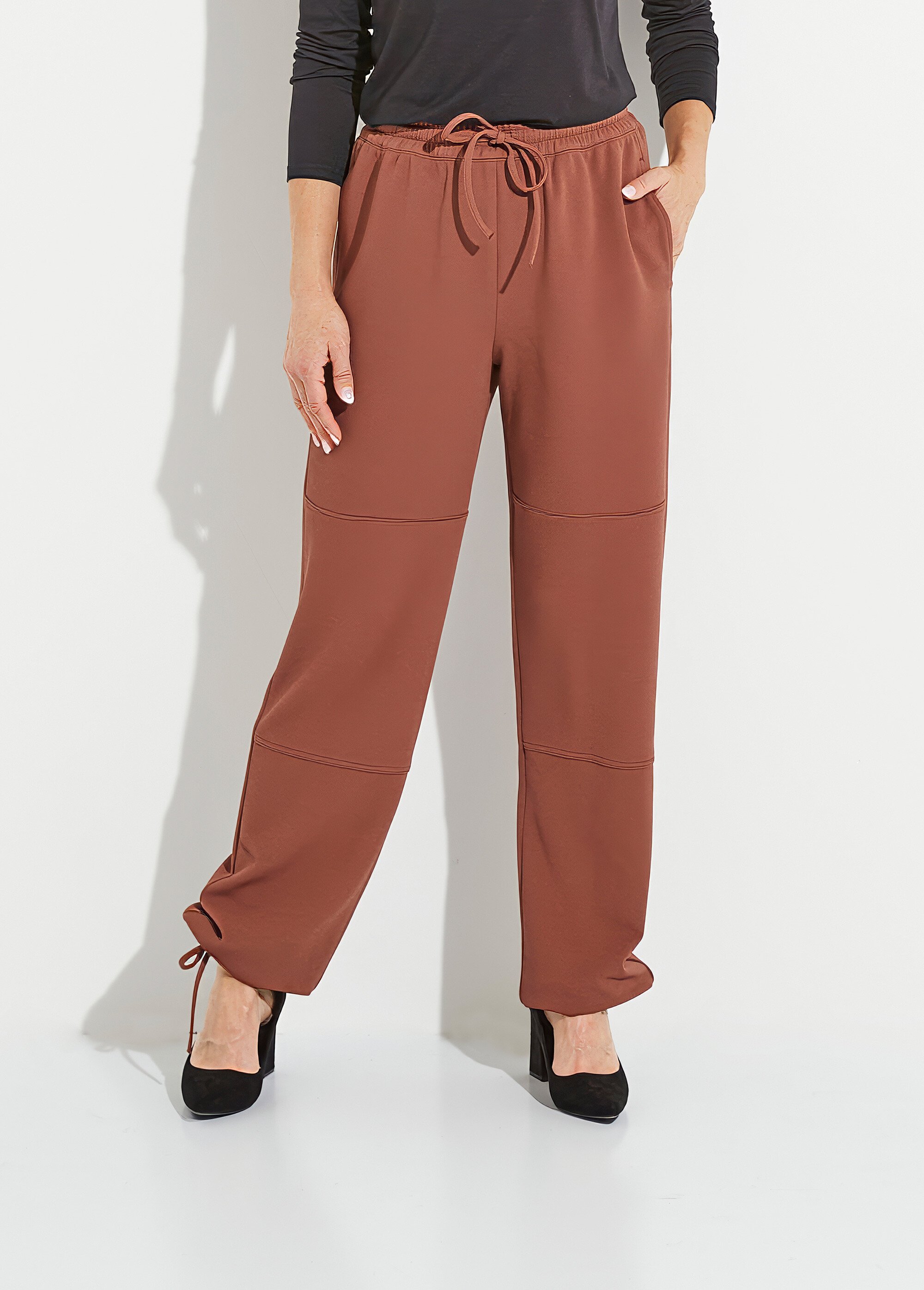 Pantalon large ceinture élastiquée maille crêpe unie Femme Marron NIBELLE FA1