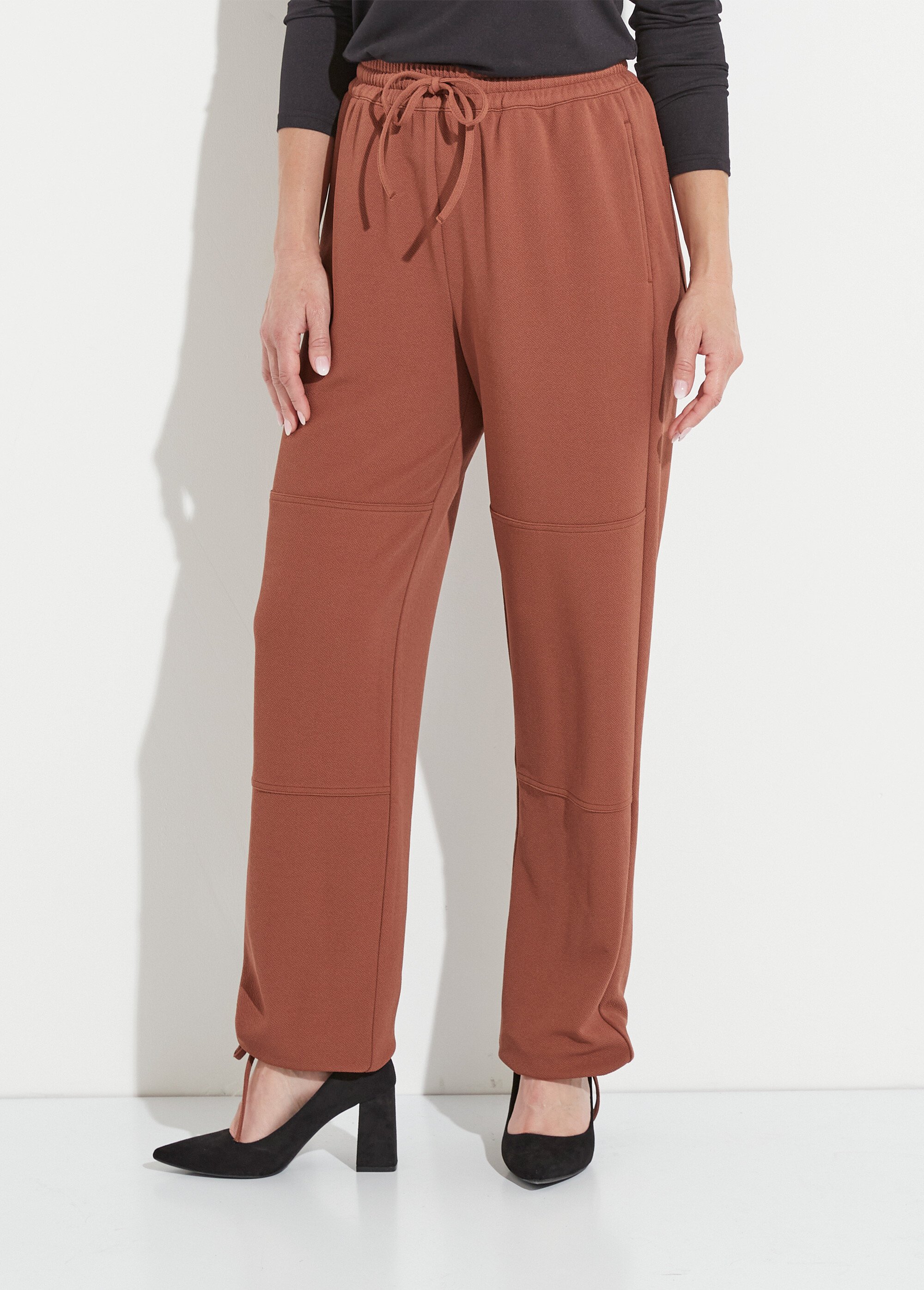 Pantalon large ceinture élastiquée maille crêpe unie Femme Marron NIBELLE FA2