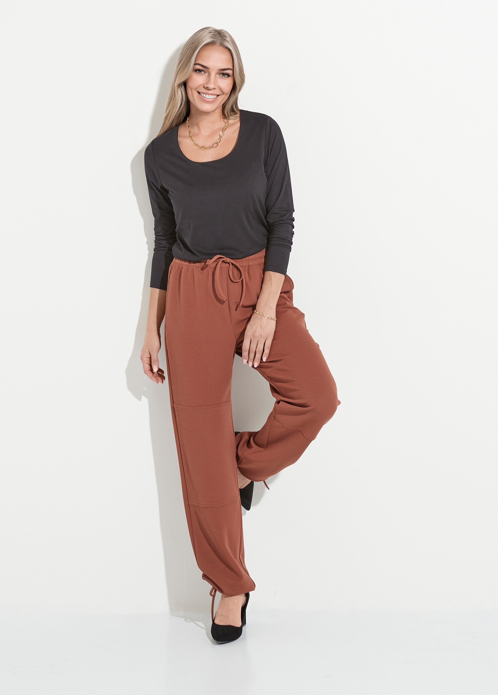 Pantalon large ceinture élastiquée maille crêpe unie Femme Marron NIBELLE MV1
