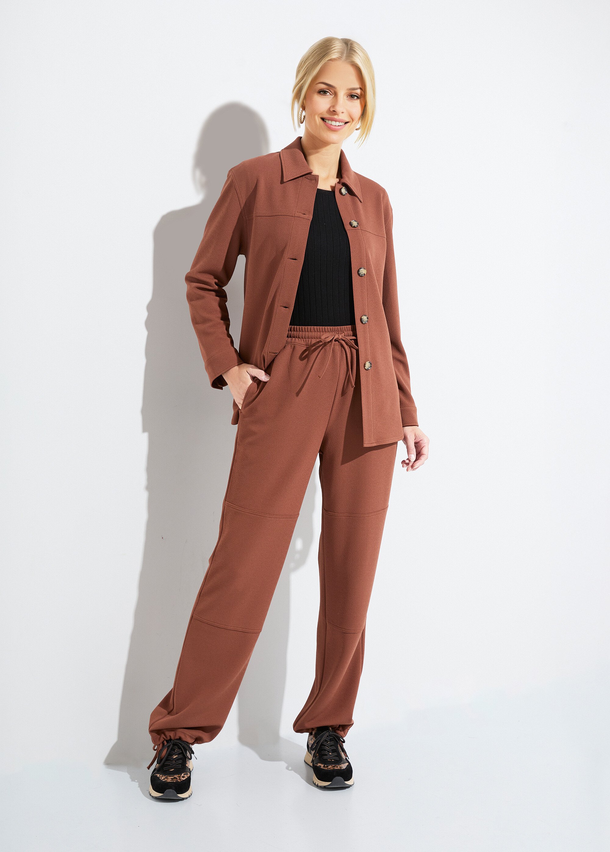 Pantalon large ceinture élastiquée maille crêpe unie Femme Marron NIBELLE SF1