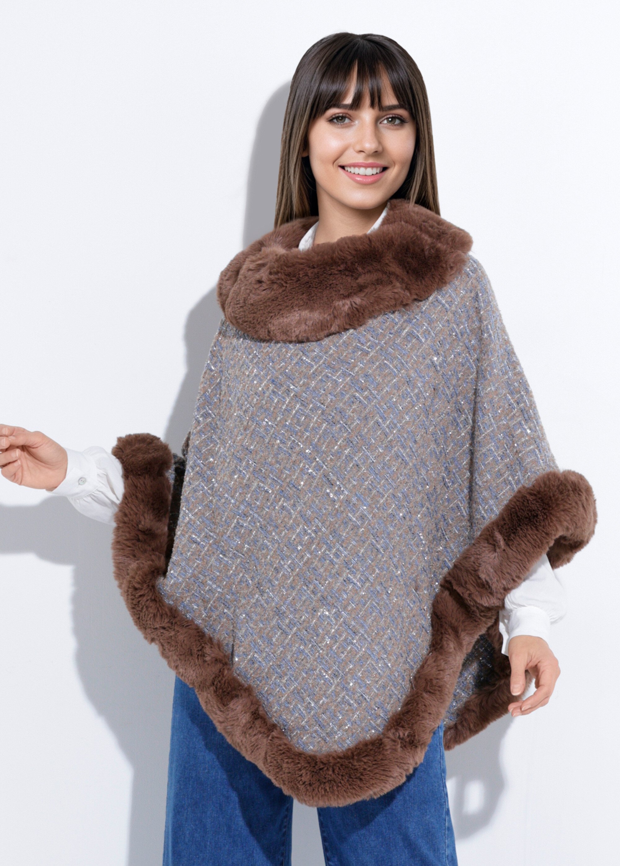 Poncho cape à carreaux détails fourrure Femme MARRON ET BLEU TD-FLPCH904 FA1