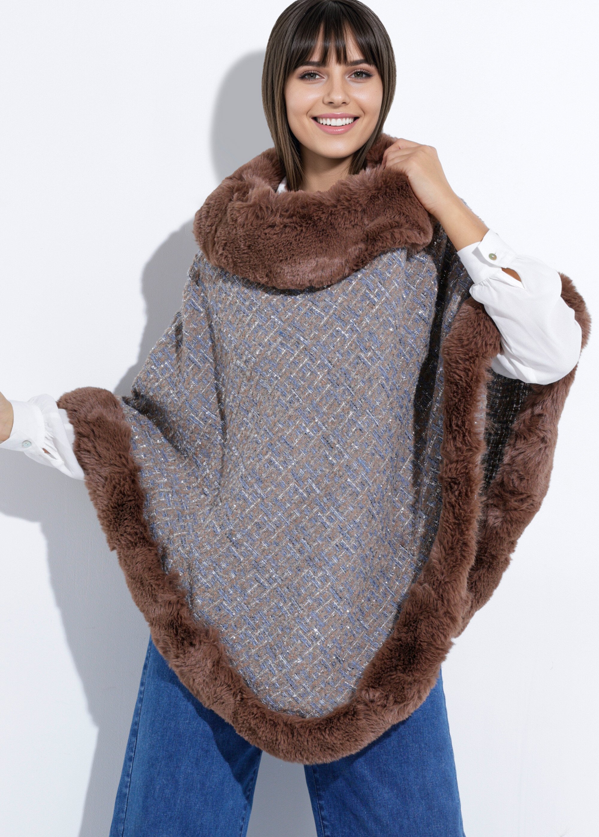 Poncho cape à carreaux détails fourrure Femme MARRON ET BLEU TD-FLPCH904 MV1