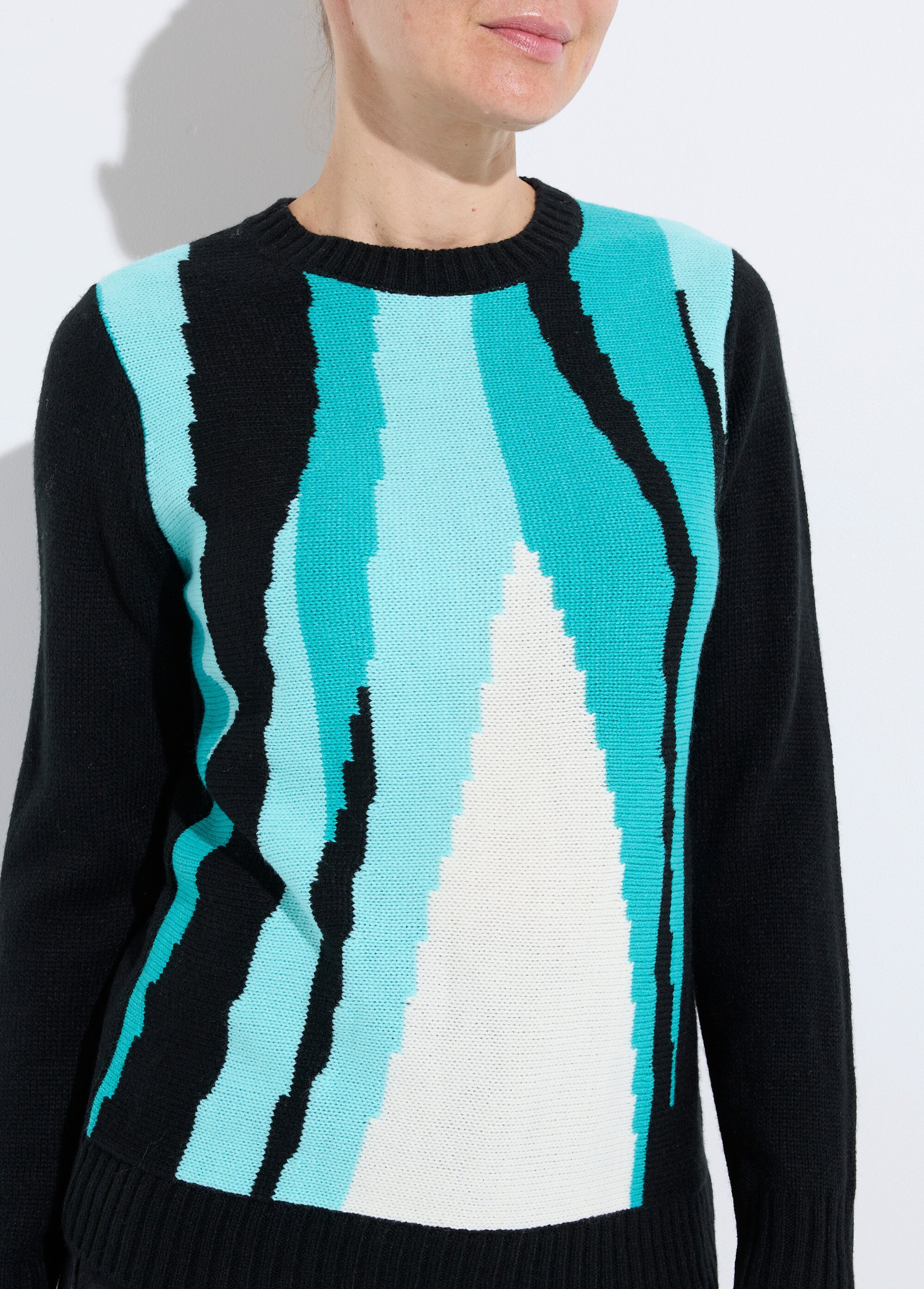 Pull chaud col rond jacquard graphique Femme NOIR ET AQUA PETRI DE1