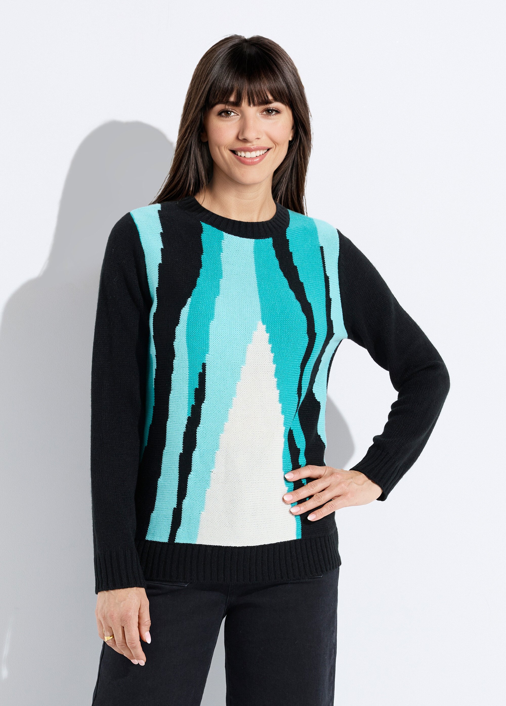 Pull chaud col rond jacquard graphique Femme NOIR ET AQUA PETRI FA1