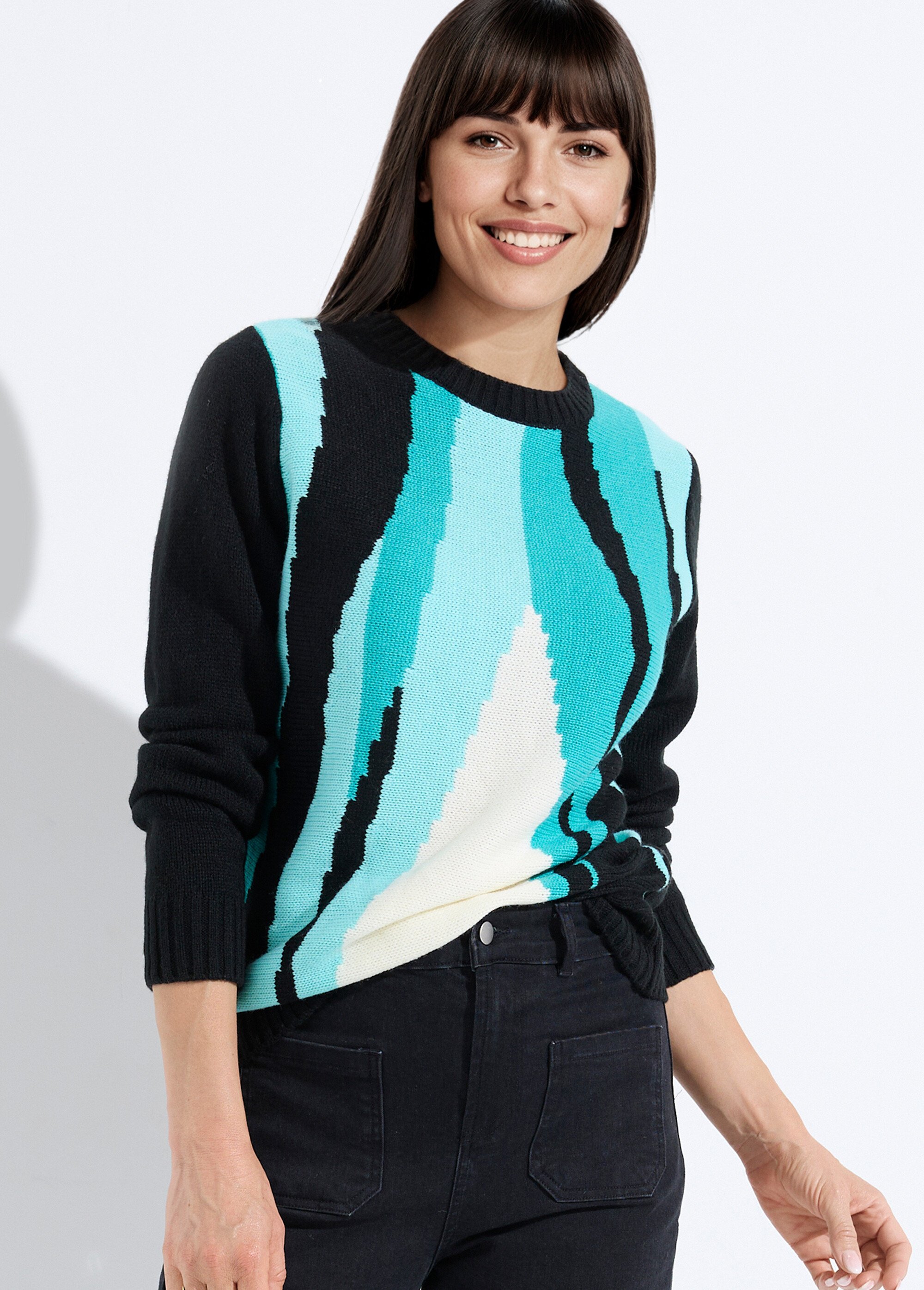 Pull chaud col rond jacquard graphique Femme NOIR ET AQUA PETRI MV1