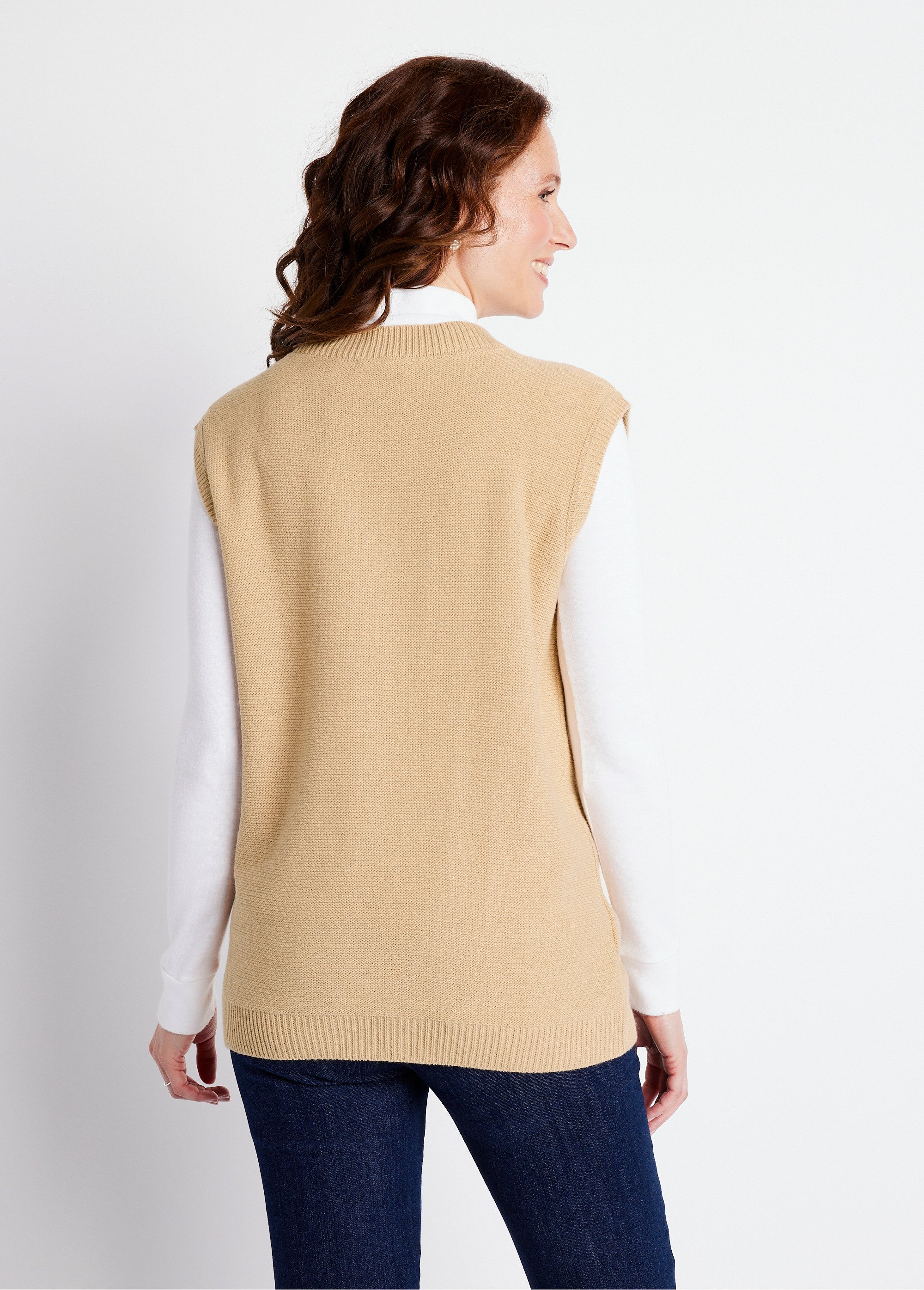 Pull col V sans manches maille fantaisie