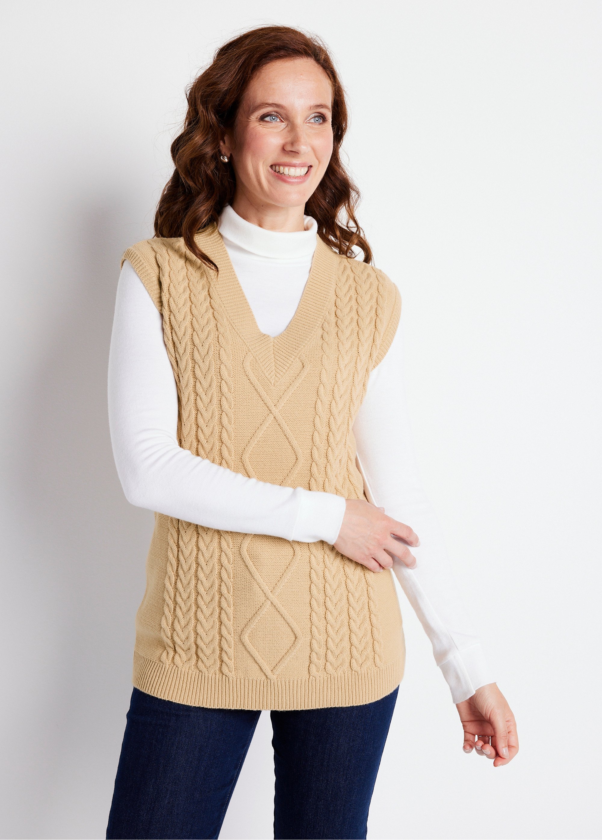 Pull col V sans manches maille fantaisie